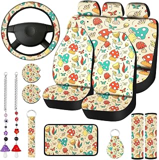 17 Pcs Mushroom Car Seat Covers Car Accessories Full Set for Women Men Automotive Rear Front Seat Protector View Mirror Hanging Ornament Steer Wheel Belt Cover (Mushroom and Moth)