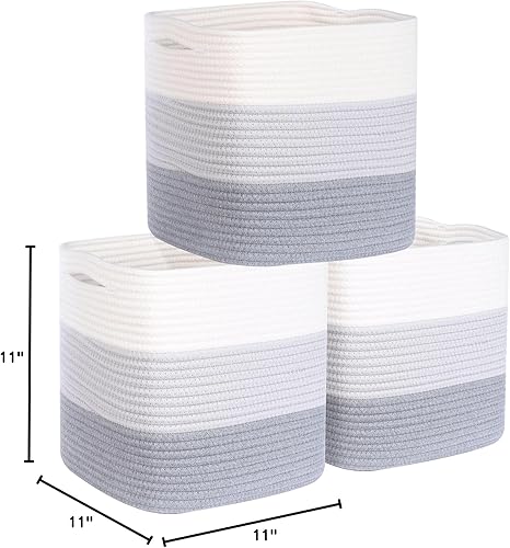 Miniatura 9 de MINTWOOD Design Paquete de 3 cubos de almacenamiento de 11 x 11 pulgadas, organizador de cubos de almacenamiento tejidos, organizador de armario,