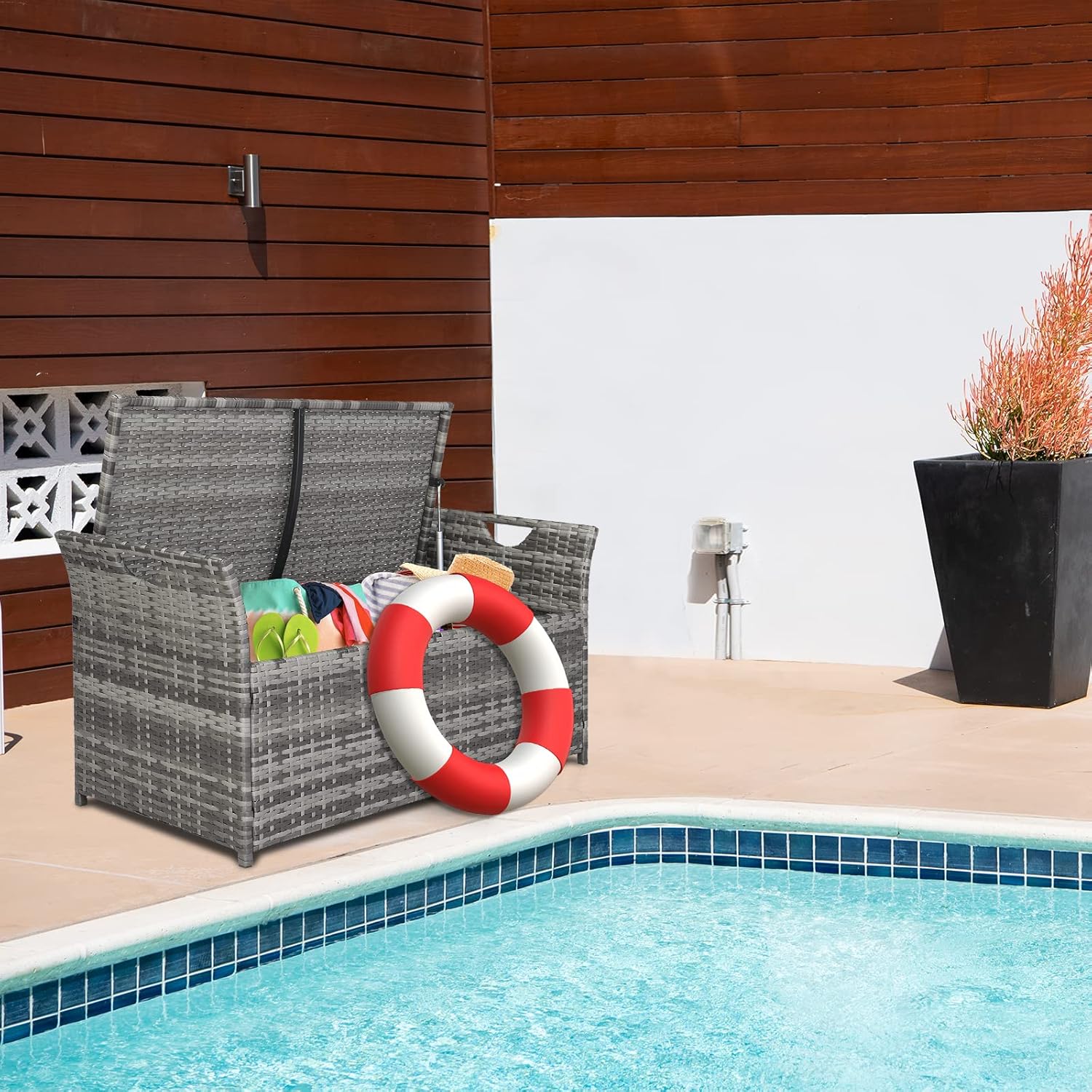 Outvita Outdoor Storage Box, Patio Rattan Storage Bench with Cushion for Backyard, Balcony, Poolside, Garden (Gray)