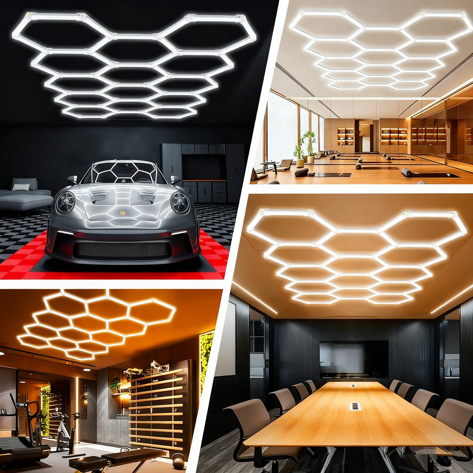 Luci LED Esagonali per Garage Plafoniera a Soffitto a Nido d'Ape, 442W 6500K Super Luce, Illuminazione Moderna per Officina Auto, Palestra, Bar, Camera Interno,3000k