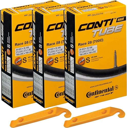 Continental Race 28" 700x20-25c - Tubos interiores de bicicleta  1.654 in de largo Presta válvula (paquete de 3 con 2 palancas de neumático Conti)