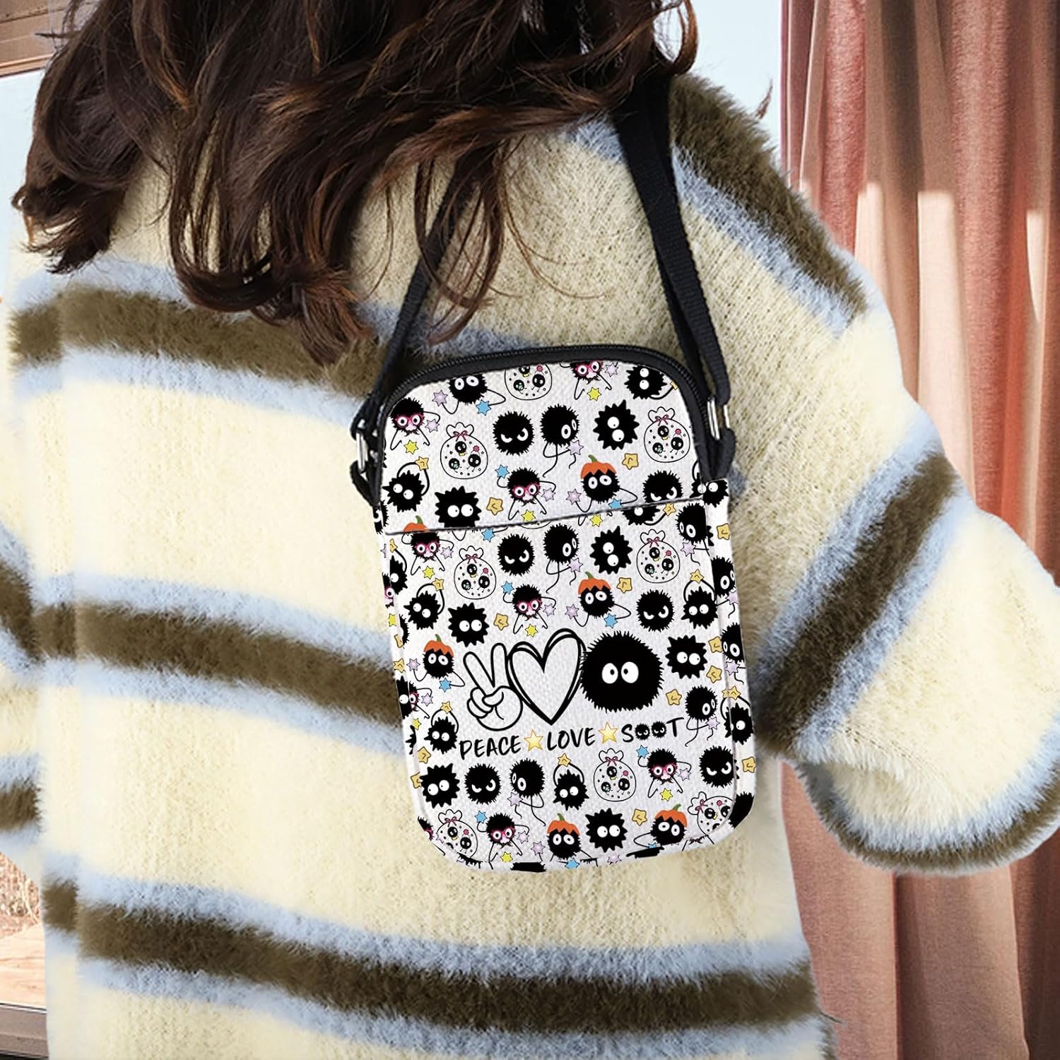 MNIGIU Anime Lover Gift Kawaii Soot Crossbody Bag Sprite Anime Gift Peace Love Soot Adjustable Shoulder Bag - Image 6