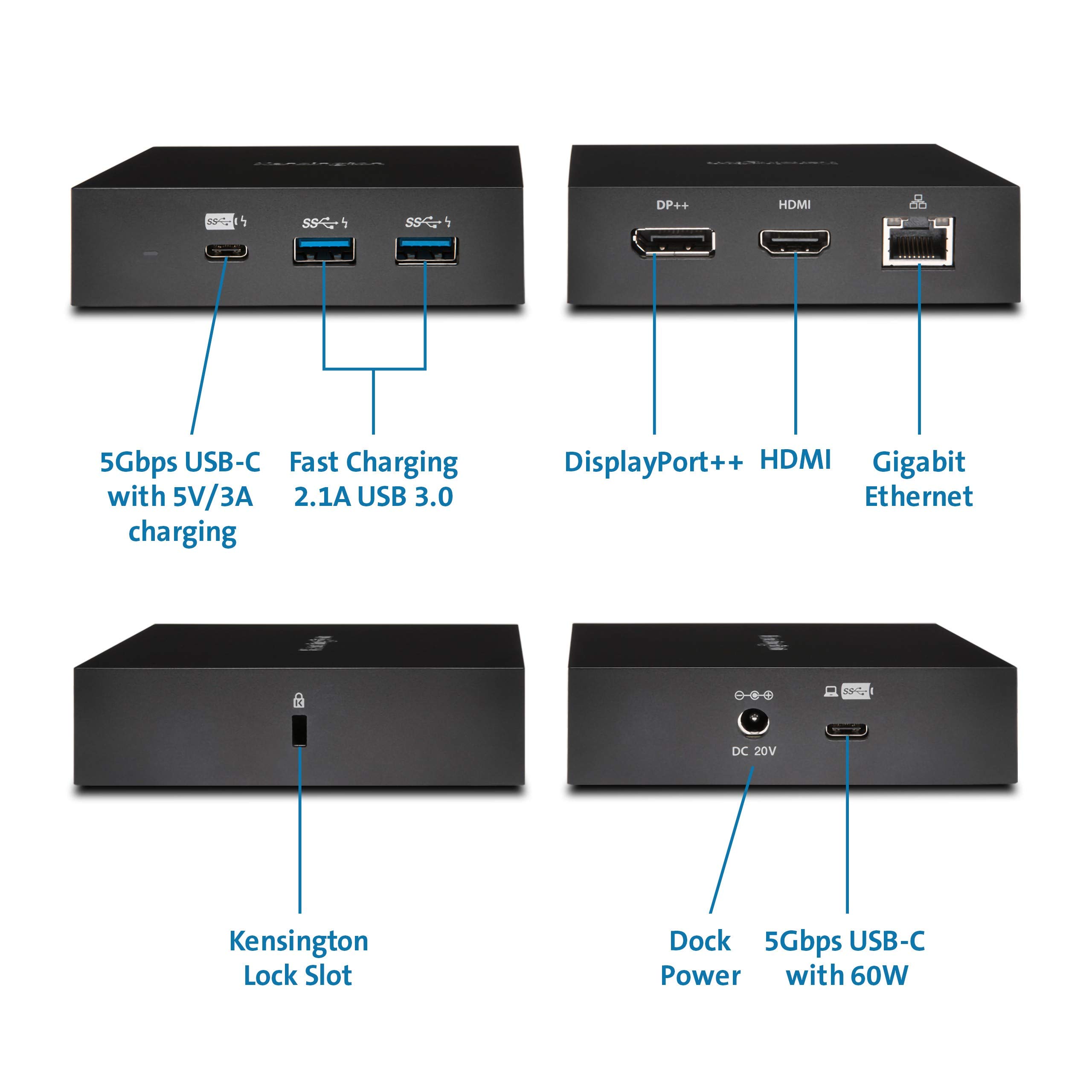 Kensington Station d'accueil SD2000P USB-C – pour Surface Pro 7, Surface Book, Surface Laptop 3, Surface Go, iPad Pro et Ordinateurs Portables USB-C ; Sortie 4K à Moniteur Unique avec Puissance de 60