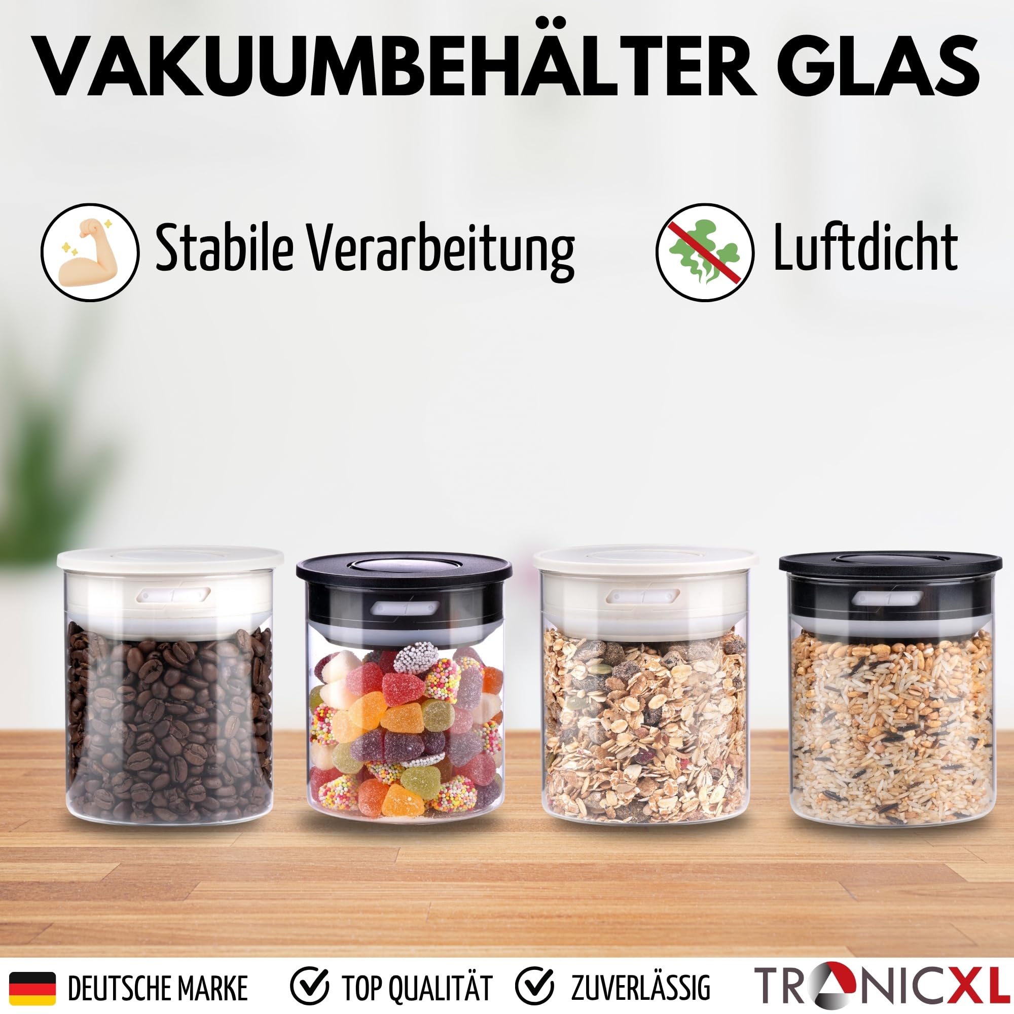 TronicXL Zestaw 2 słoików do przechowywania, 700 ml, próżniowe szkło borokrzemowe, 0,7 l, hermetyczne, szklane pojemniki z pokrywką z zamknięciem próżniowym, do kuchni, gospodarstwa domowego, żywności
