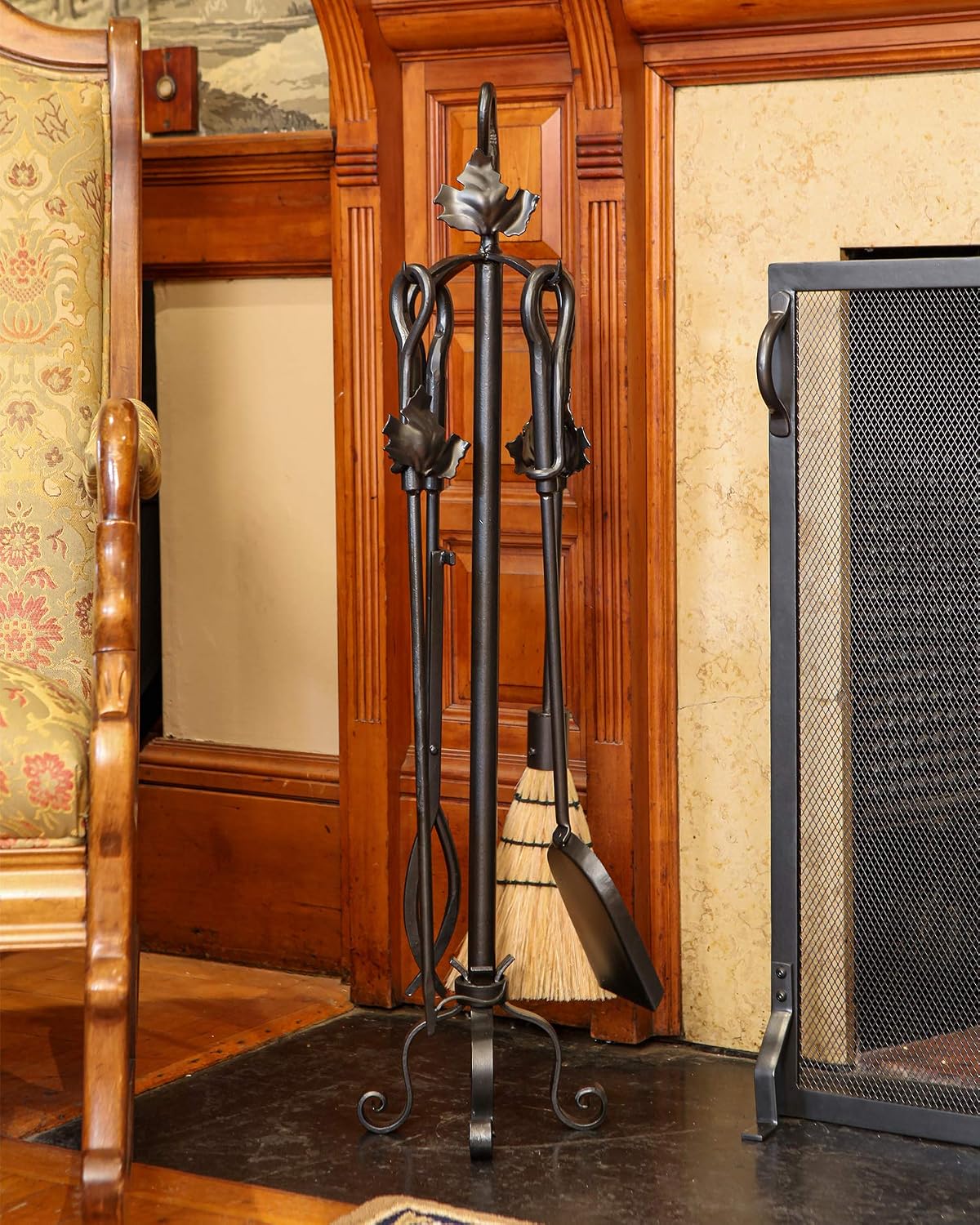 Minuteman International Maple Leaf 5-piece Wrought Iron Fireplace Tool Set, Graphite