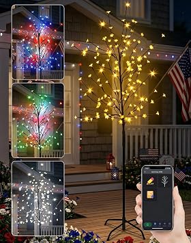 Smart LED Cherry Blossom Tree - 6ft Tall Color Changing Lighted Patriotic Tree App & Remote Control, Music Sync, Timer, 135 LEDs, Plug-in Fairy Tree for Indoor/Outdoor Home, Party, Wedding Decor