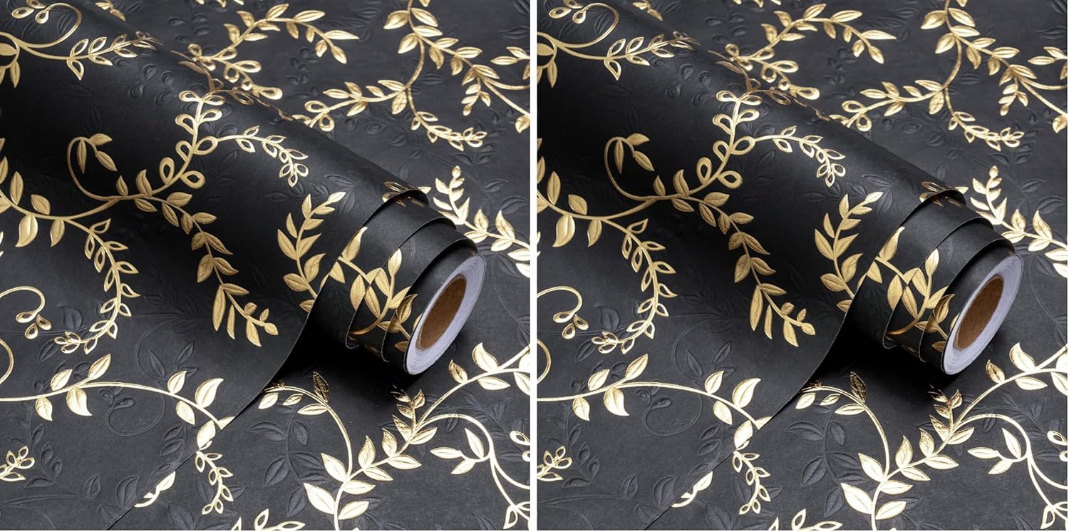 WRAPAHOLIC 3D Kraft Wrapping Paper Roll - Mini Roll - 17 Inch x 16.5 Feet - Gold and Black Leaves Design with Embossed Perfect for Birthday, Holiday, Wedding, Baby Shower (Pack of 2)