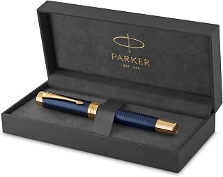 Parker Duofold Prestige Füller | Blue Chevron | Größe Centennial | Füllfederhalter mit feiner Feder aus Massivgold | schwarze Tinte und Konverter | Geschenkbox