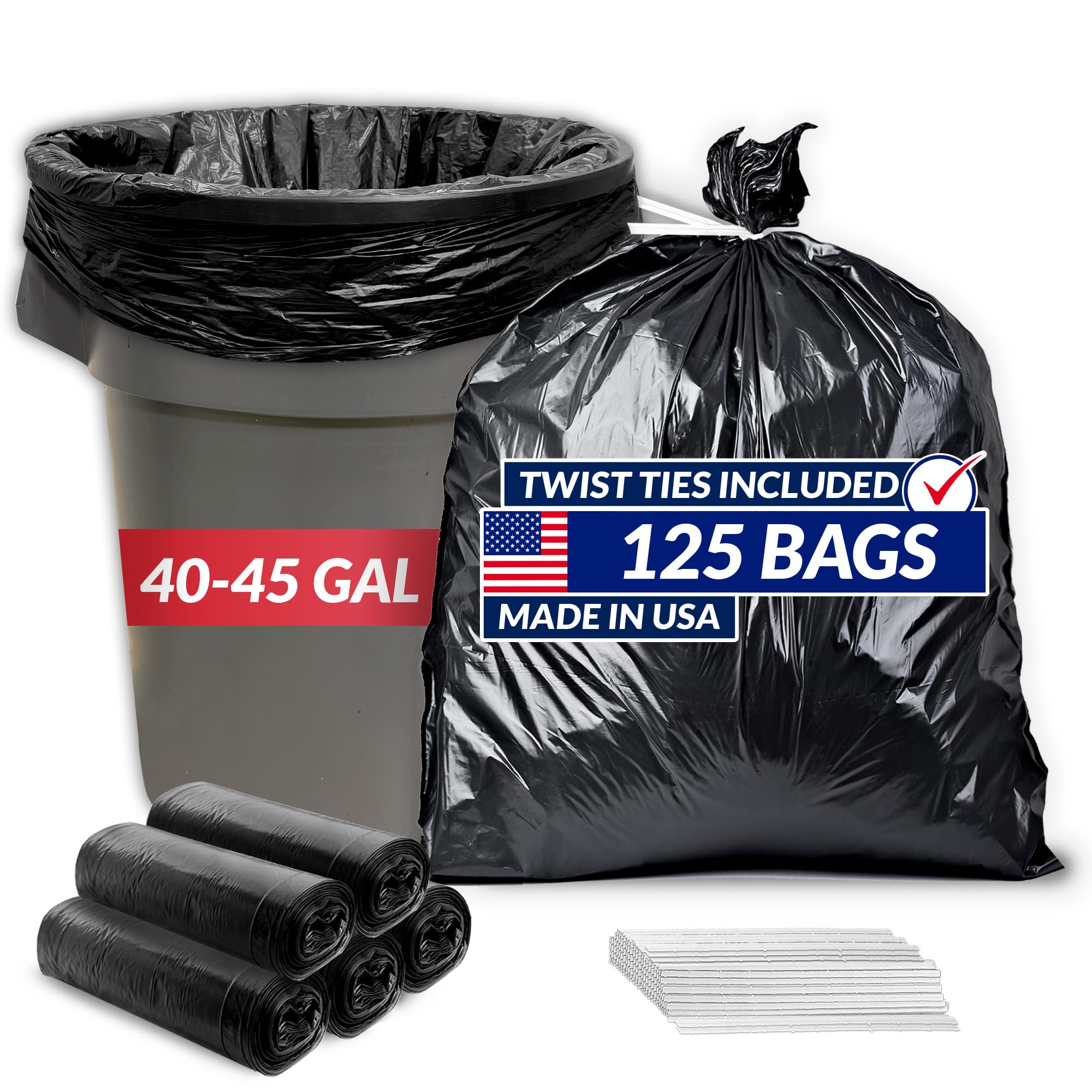 Reli. SuperValue - Bolsas de basura de 40 a 45 galones, 125 unidades, fabricadas en Estados Unidos, resistentes, bolsas de basura multiusos negras