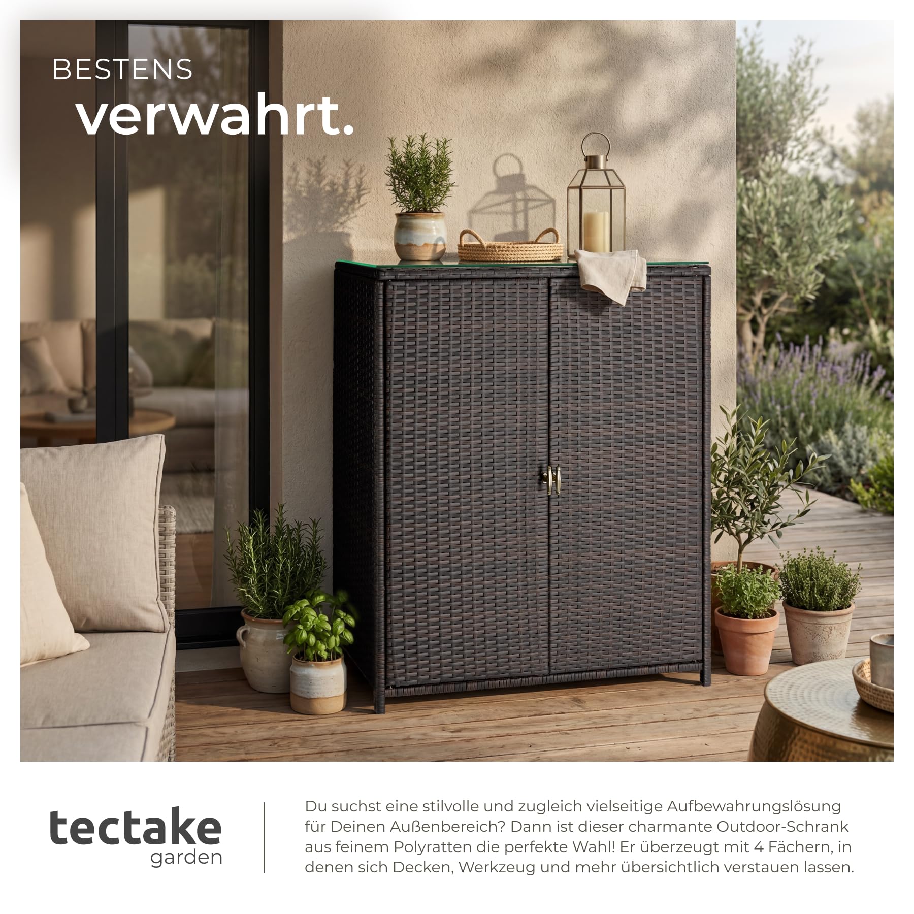 TecTake Rattan Gartenschrank 84,5x40,5x103,5 cm Aluminium Gestell Outdoor Schrank mit Einlegeböden braun