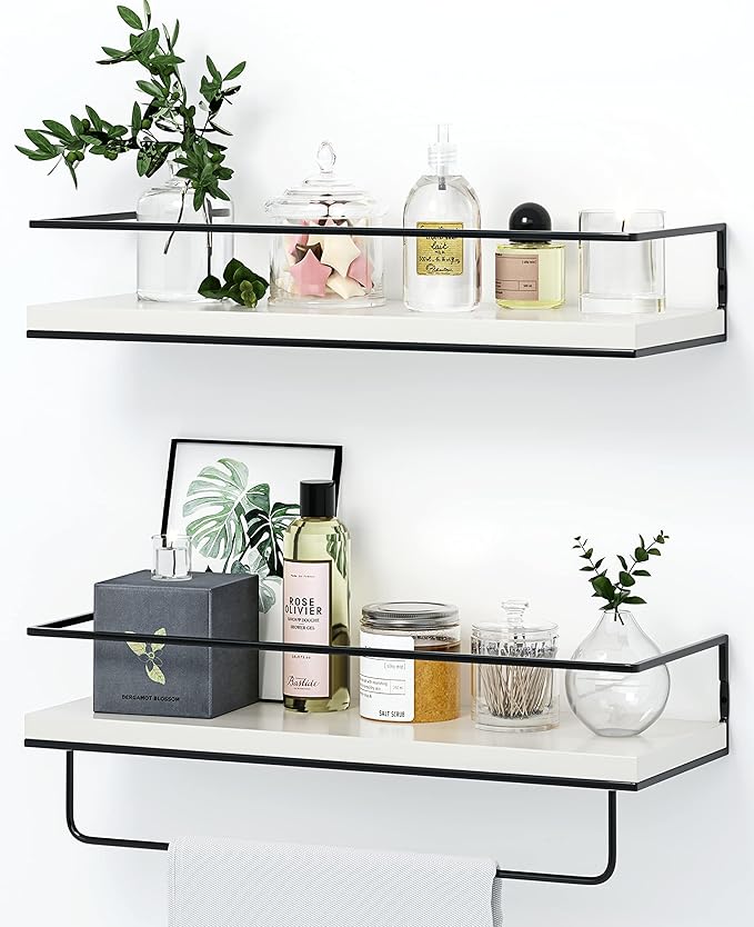 Shario White Floating Shelves Set of 2, Wall Mounted Hanging Shelves with Black