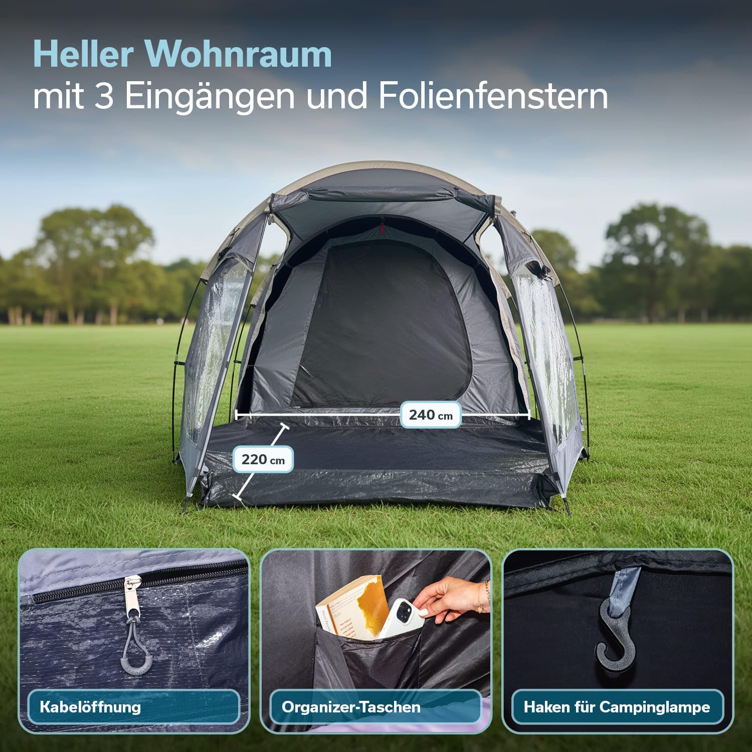 Skandika Tunnelzelt Helgver Sleeper | Festival Zelt für 3-4 Personen, großer Vorraum, Sleeper Technology, wasserdicht, 3000 mm Wassersäule, Schwarze Schlafkabine | Zelt Festival, Camping