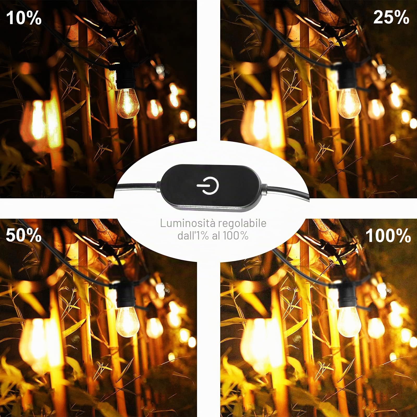 Luci a stringa USB per esterni, 24,6 m, S14, infrangibili, impermeabili, dimmerabili, da campeggio, con 10 lampadine Edison da 1 W, S14, E26, 2700 K