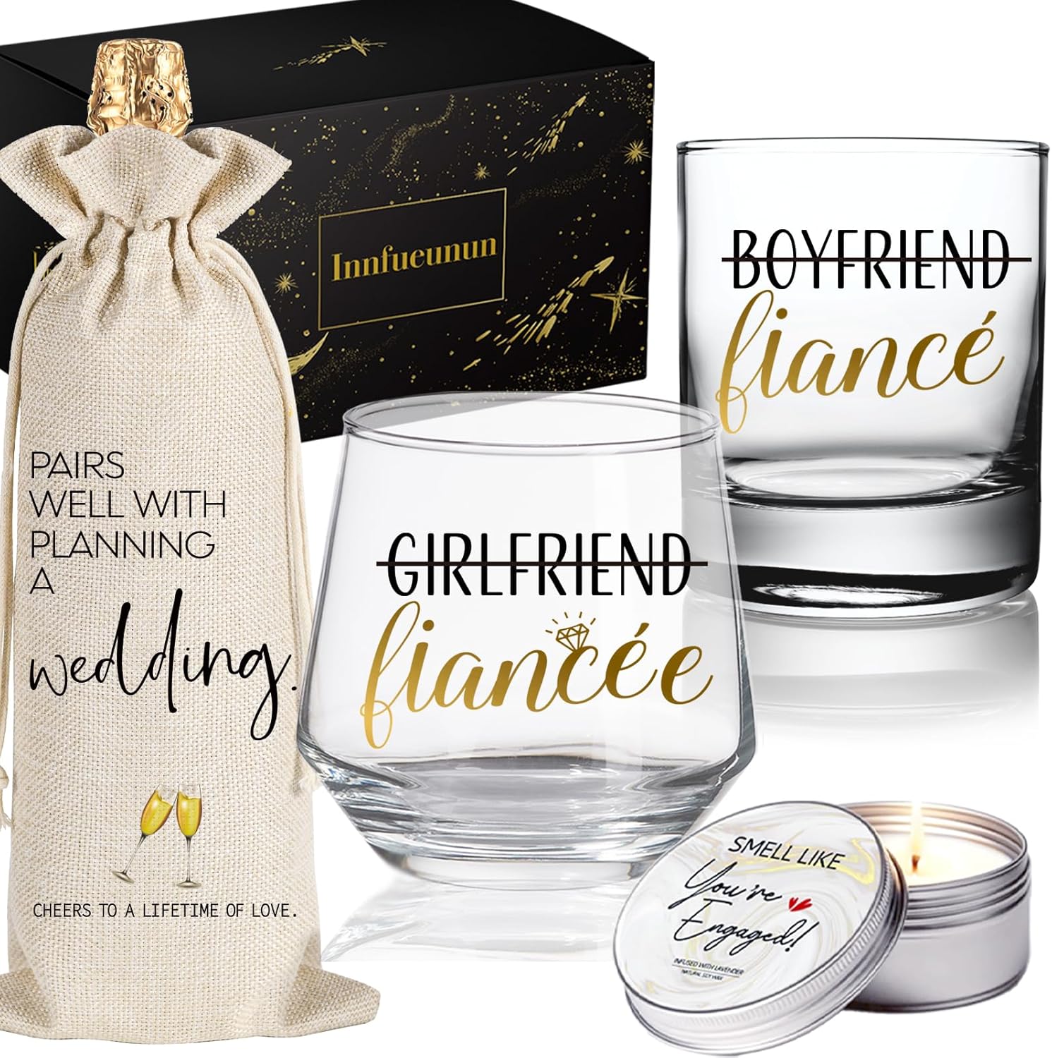 4PCS Fiance Gifts for Him Her Include Scented Candles Wine Bag & Glasses Set,Engagement Gifts for Couples, Engagement Gift for Newly Engaged Couples, Whiskey Wine Glasses Gift for Couple