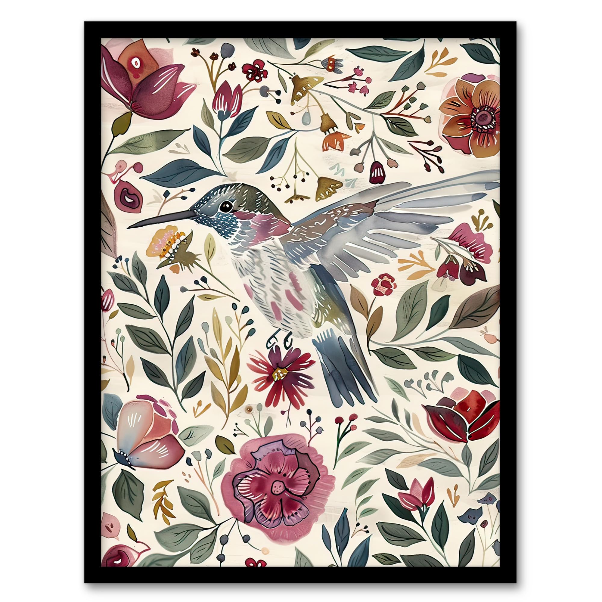 Artery8 Hummingbird with Rustic Flower Pattern Muted Tones Living Room Artwork Framed Wall Art Print A4
