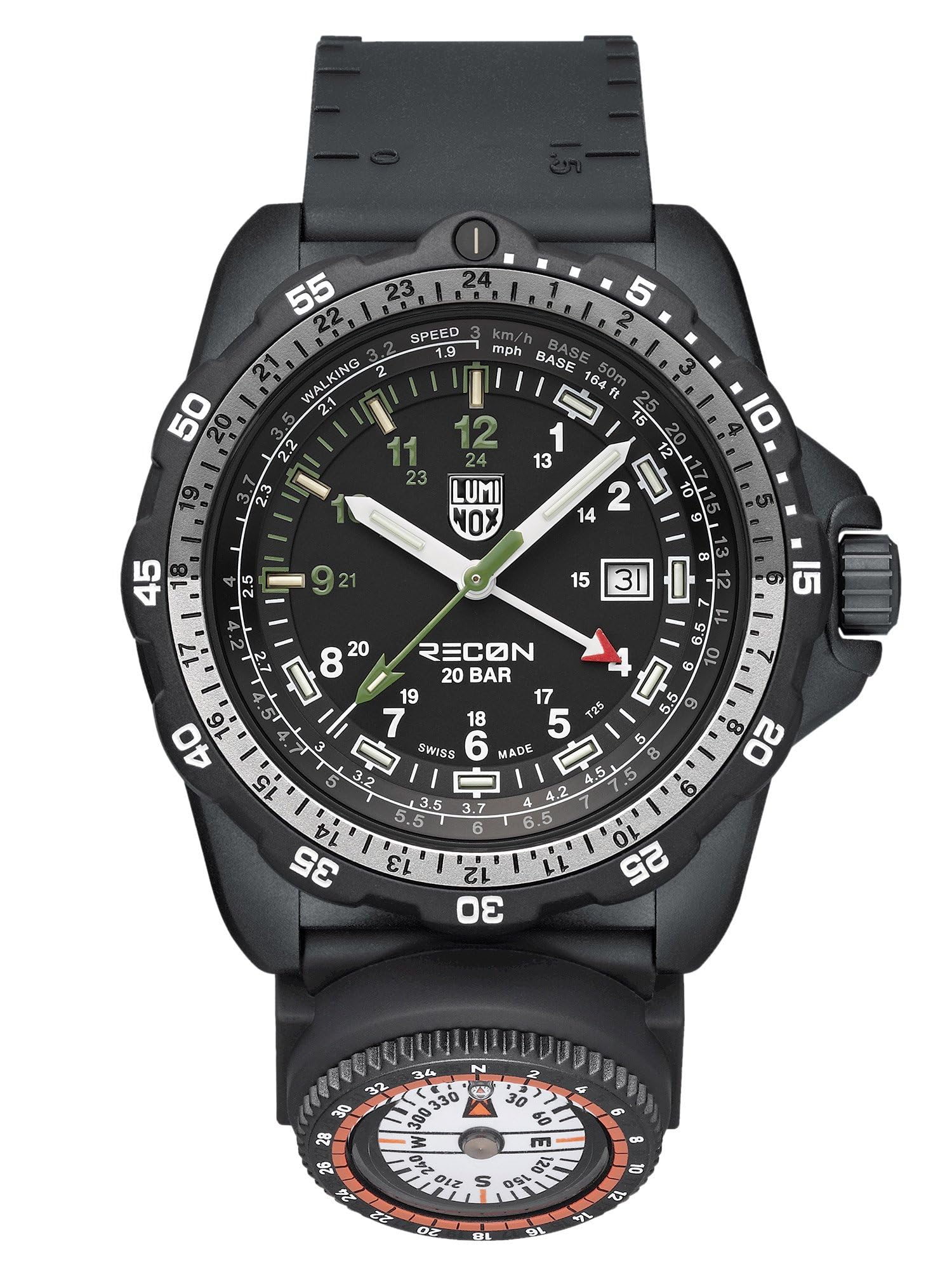 Luminox Recon NAV Spec Herren Uhr 46 mm Carbon – Quarz Analog 20 bar, Kautschukarmband Schwarz, grünes Zifferblatt, Kompass, Datum, Outdoor Uhr Set mit Wechselband XL.8837.Set