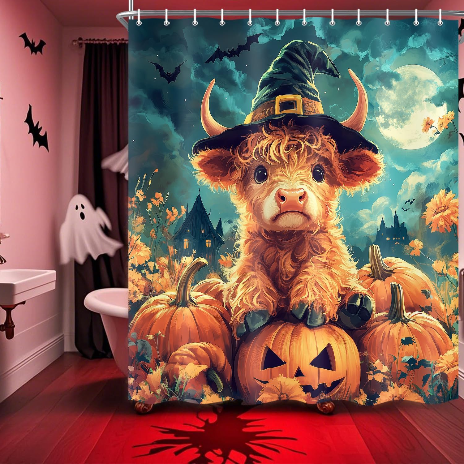 Halloween Highland Cow Shower Curtain, Funny Cow Spooky Horror Pumpkin Wizard Hat Maple Leaves Moon Bathroom Decor, Cute Autumn Forest Farmhouse Fabric Bathroom Decor Curtains with Hooks, 70X75IN