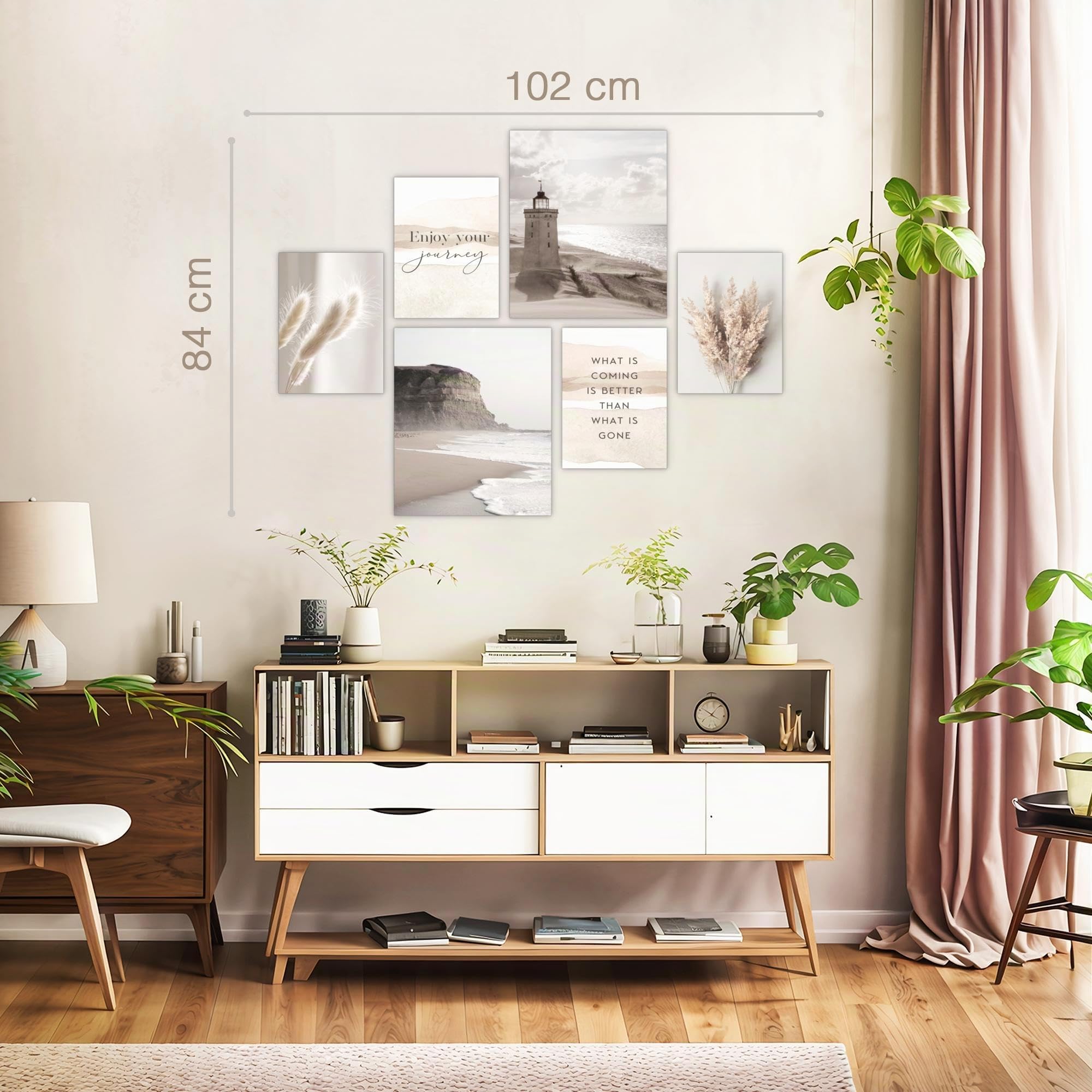 Novart Wandbilder Set Strand Meer Boho Beige - KEIN EXTRA RAHMEN BENÖTIGT - Modern Deko - Wohnzimmer Schlafzimmer Flur N033763a