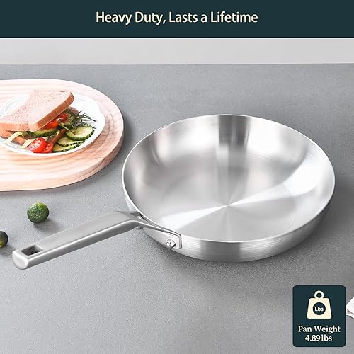 Miniatura 10 de Yeksum Sartén de acero inoxidable sin revestimiento de tres capas, 10 + 12 pulgadas, sartén de chef, sartén, sartén de inducción, apta para
