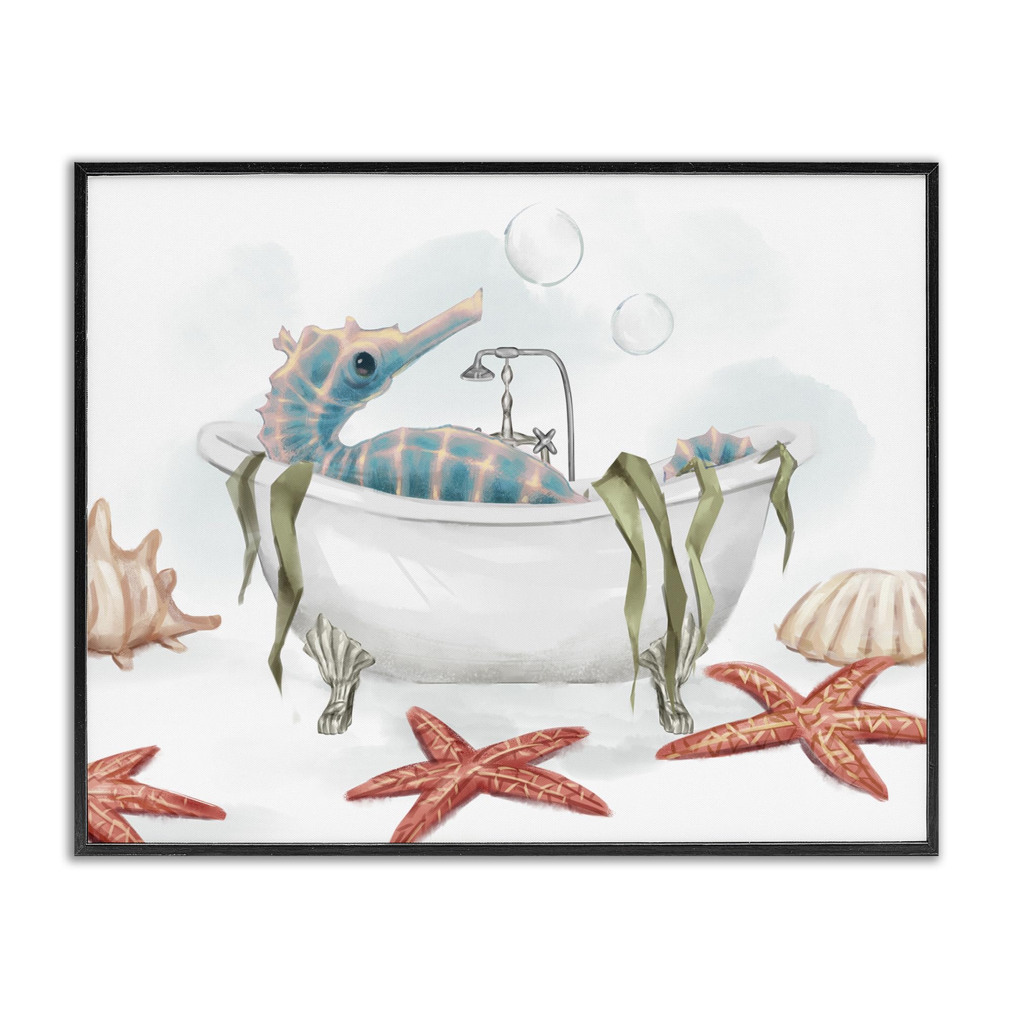 Stupell Industries 'Seahorse Resting Nautical Bath Tub Starfish Bubbles', Framed Giclee Art, Black, 20 x 16 Inches, Easy to Hang and Sturdy, Made in USA, by Ziwei Li