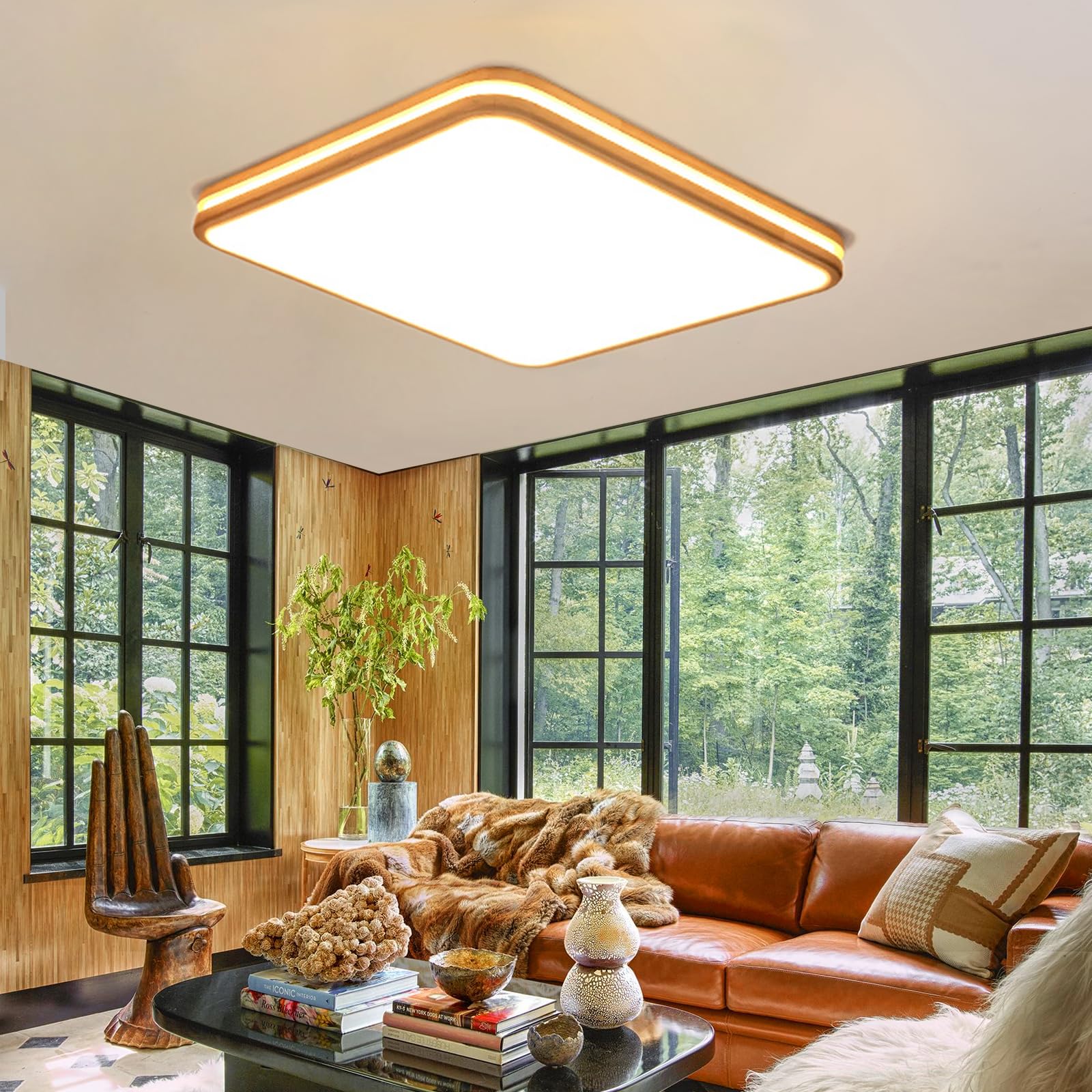 GHiycotdl LED Ceiling Light Wood Ceiling, Φ40 cm 24 W, 3000 K-6000 K, Adjustable Wooden Square Modern Ceiling LED Ceiling, for Living Room, Kitchen, Living Room, Bedroom, Hallway, Dining Room