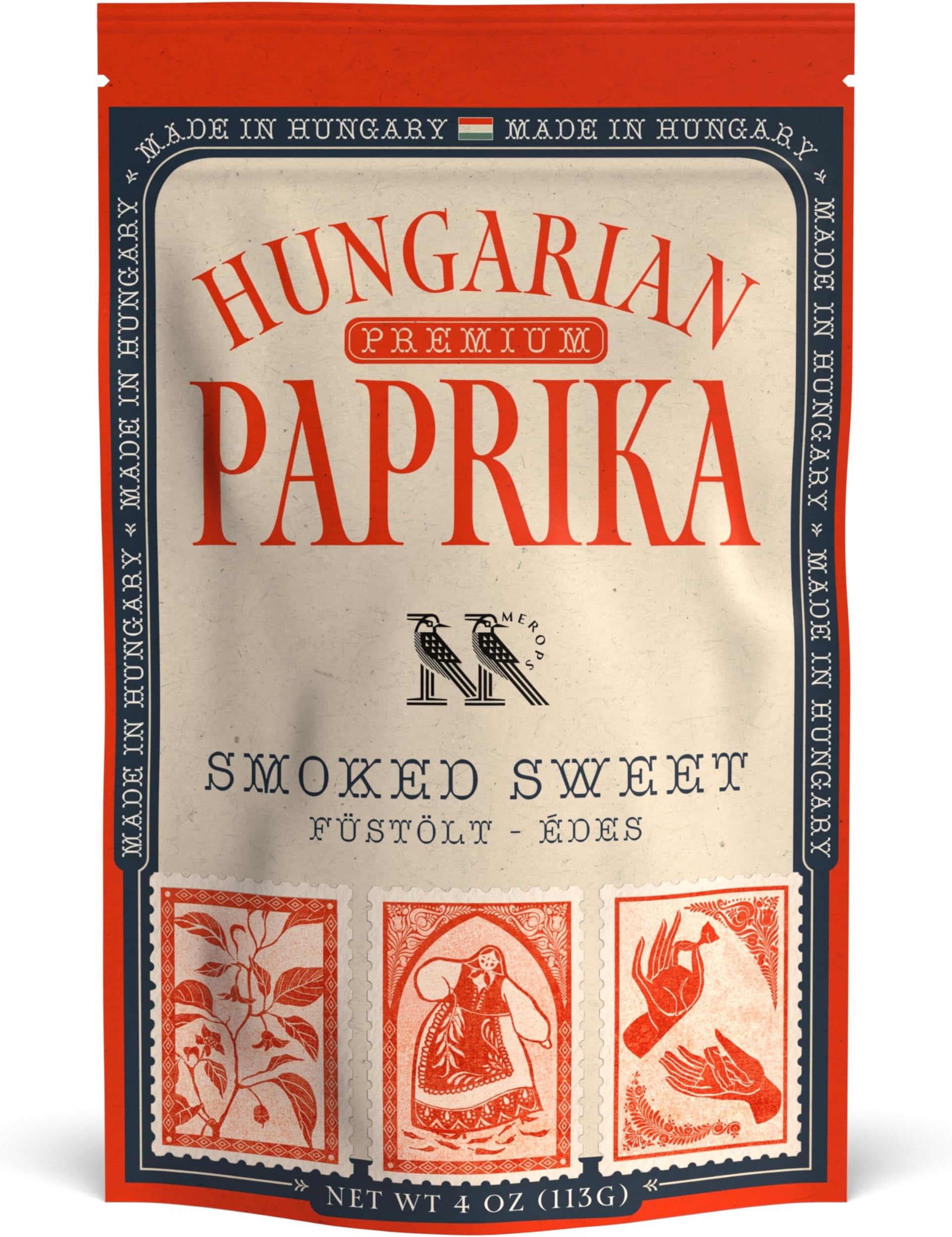 Premium SMOKED SWEET Hungarian Paprika Powder (4 oz) - Non-GMO - Vibrant Deep Red Color - Origin: Szeged Region, Hungary - Authentic Seasoning Spice in Resealable Bag by MEROPS