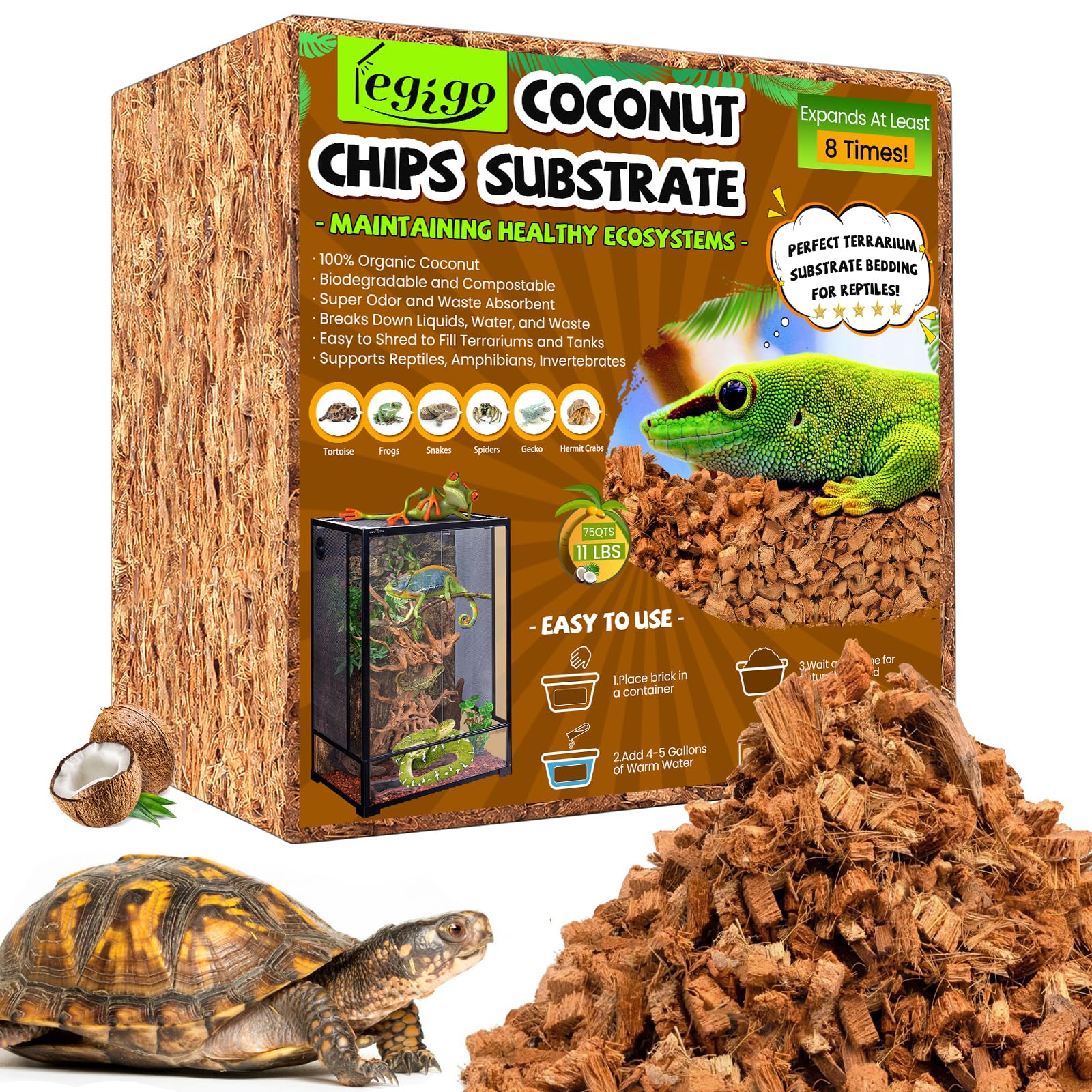 Legigo 10LBS Coconut Chip Substrate for Reptiles, 72QT Natural Coco Husk Chip Reptiles Bedding, Compressed Coconut Chip Substrate for Snake, Tortoise, Ball Python, Gecko, Lizard Terrarium Tanks