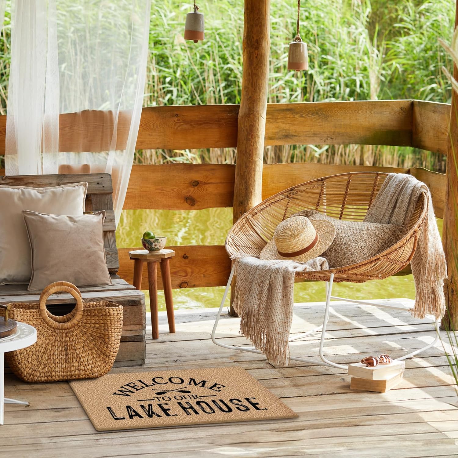 Mingnei Lake Coco Coir Doormat Door Mat for Home House Entrance, Welcome to Our Lake House Nautical Floor Mats for Outdoor Outside Entryway 30x17 Welcome Mat