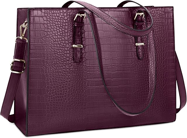 Lubardy Laptop Bags for Women Tote Bag 15.6 Inch Leather Large Ladies Handbag Work Bag Designer Business Shoulder Shopping Office Bag Grape purple