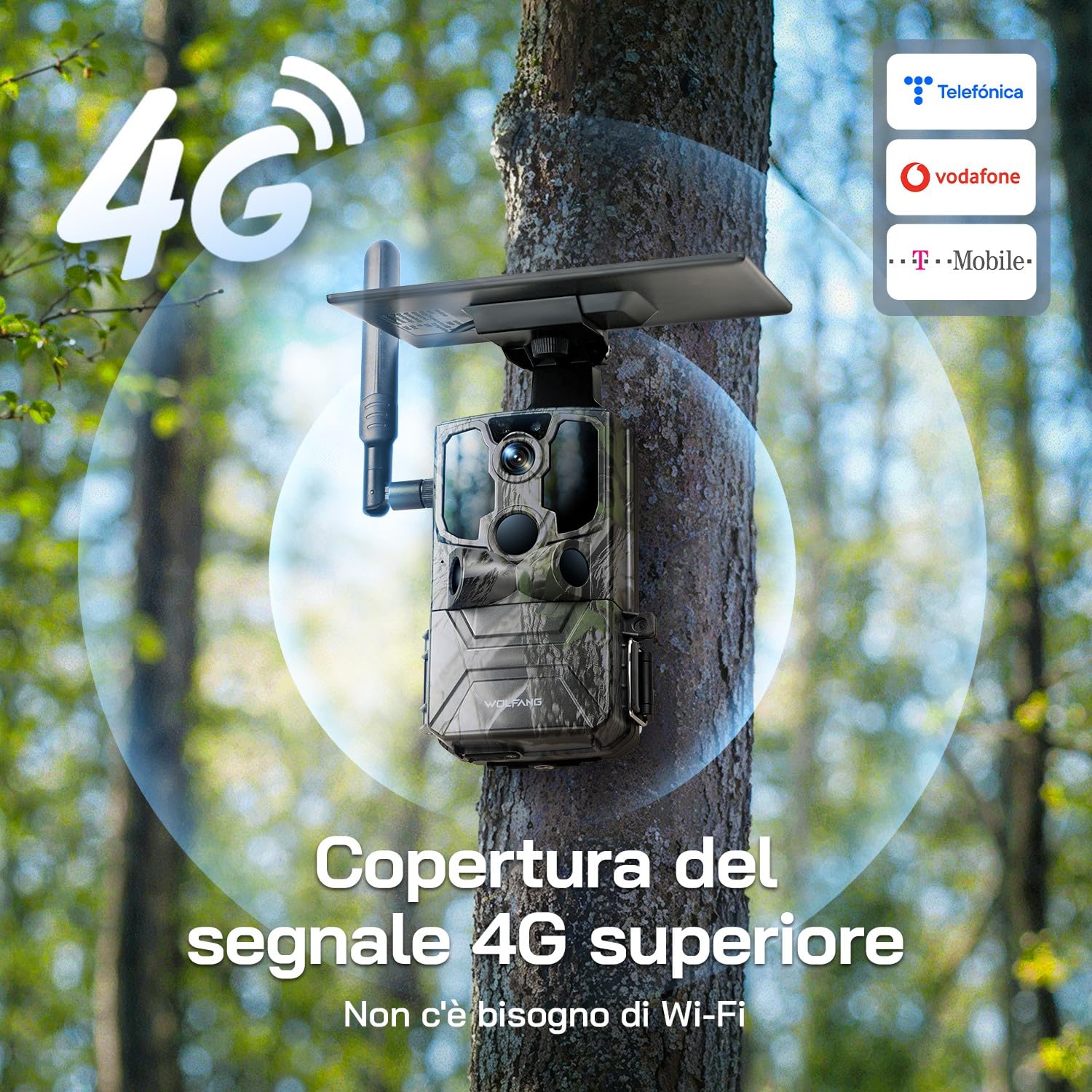 WOLFANG Fototrappola, 4G LTE Fototrappola Solare 2.5K con Scheda SIM Preinstallato e SD, Fotocamera con Allarme, Visione Notturna, Angolo 120° 82ft, Tempo di Scatto 0,2s, IP66 Impermeabile