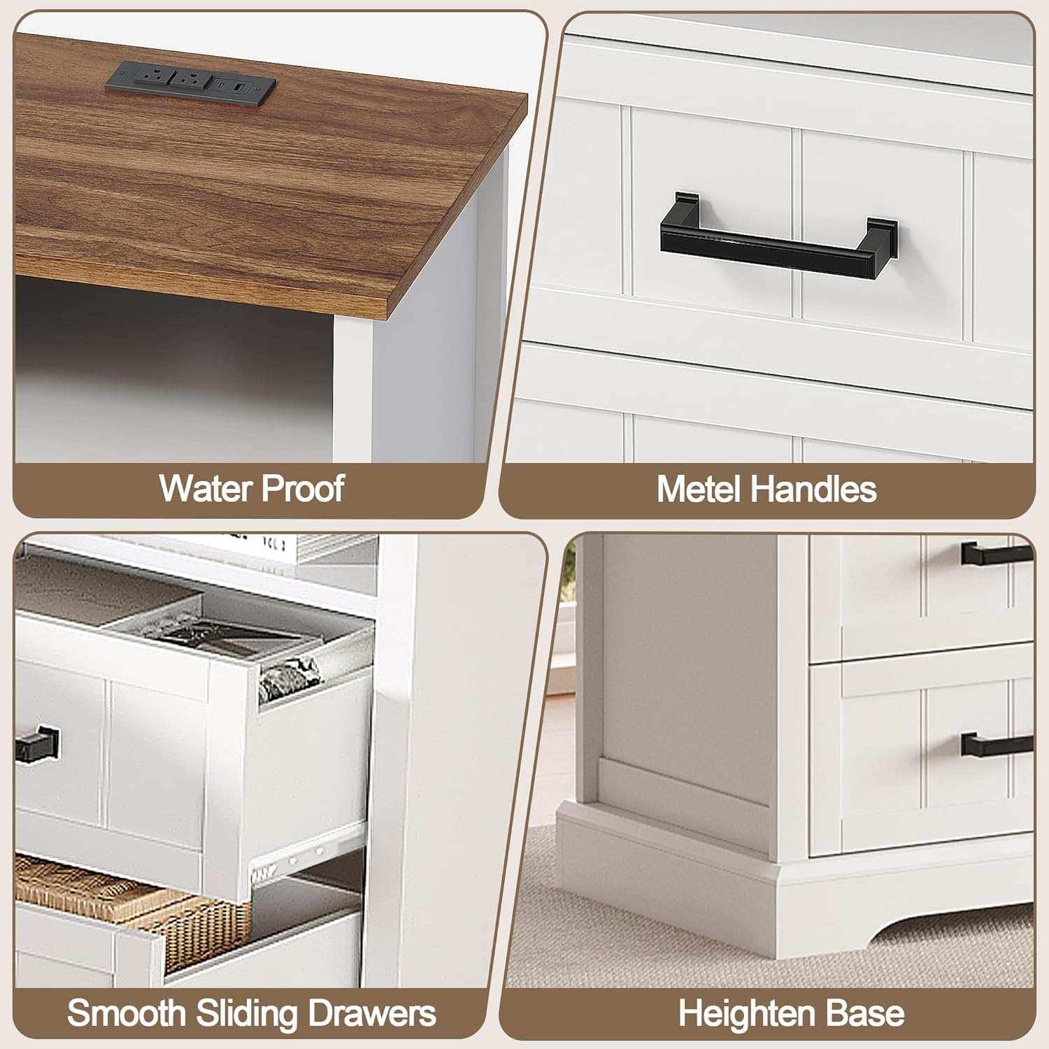 ChooChoo Farmhouse Night Stands with Charging Station, Wood Nightstand with 2 Drawers, Bedside Table with Open Storage Shelf for Bedroom, White