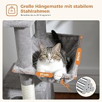 PETEPELA 180 cm Többszintes Macskabútor Nagyméretű Cicáknak - 6 Szizál Oszlop, Kaparófal, Függőágy, Játéklabdák, Szürke 6