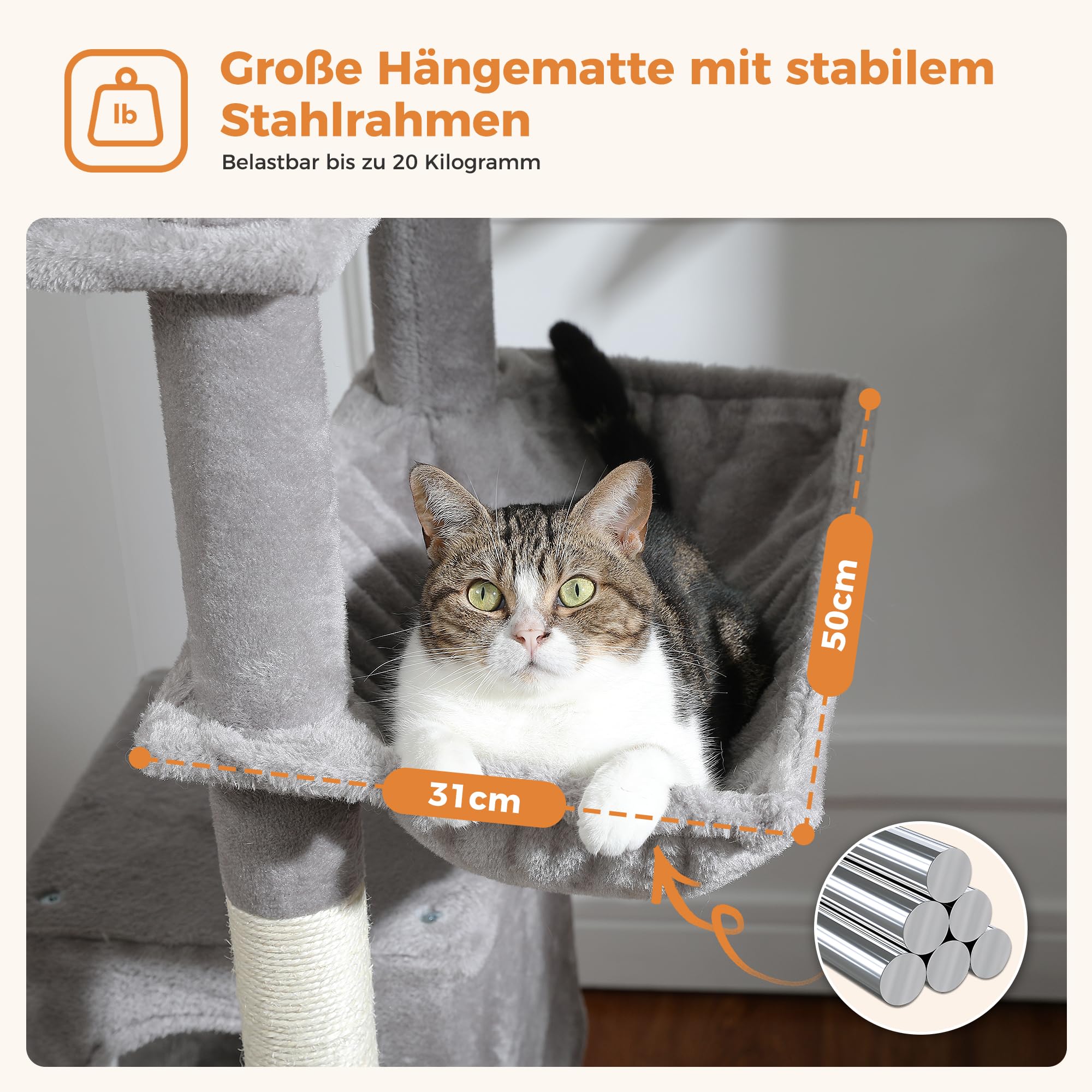 PETEPELA 180cm Kratzbaum groß, Multi-Level Katzenbaum für große Katzen, mit 6 Sisalsäule, 2 Kratzbrettern, 2 Plattformen, 1 Hängematte, 2 Spielbälle, Plüsch-Stoff, grau
