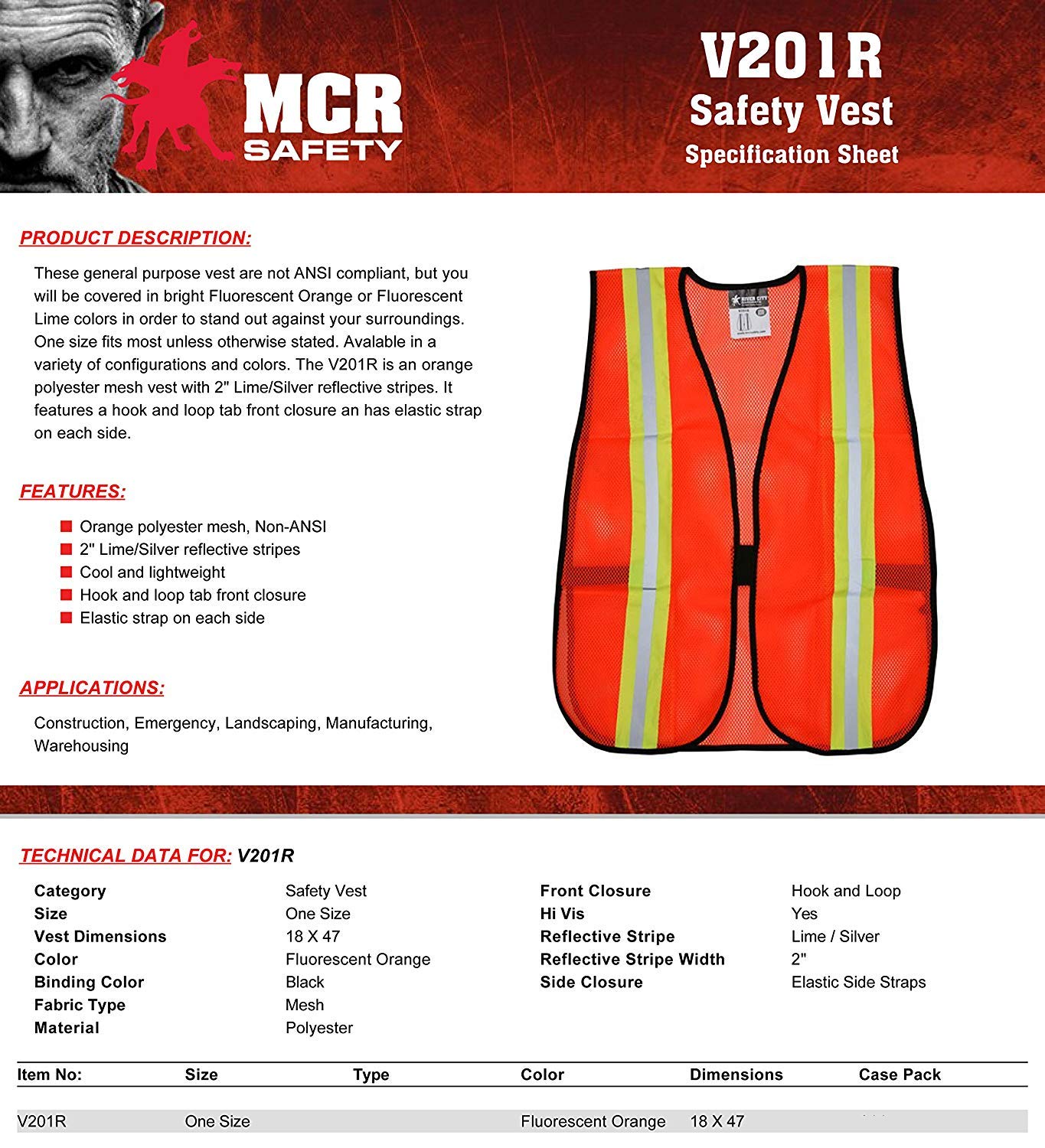 MCR Safety V201R Polyester Mesh General Purpose Safety Vest with 2-Inch Lime/Silver Reflective Stripe Fluorescent Orange / 2 PACK