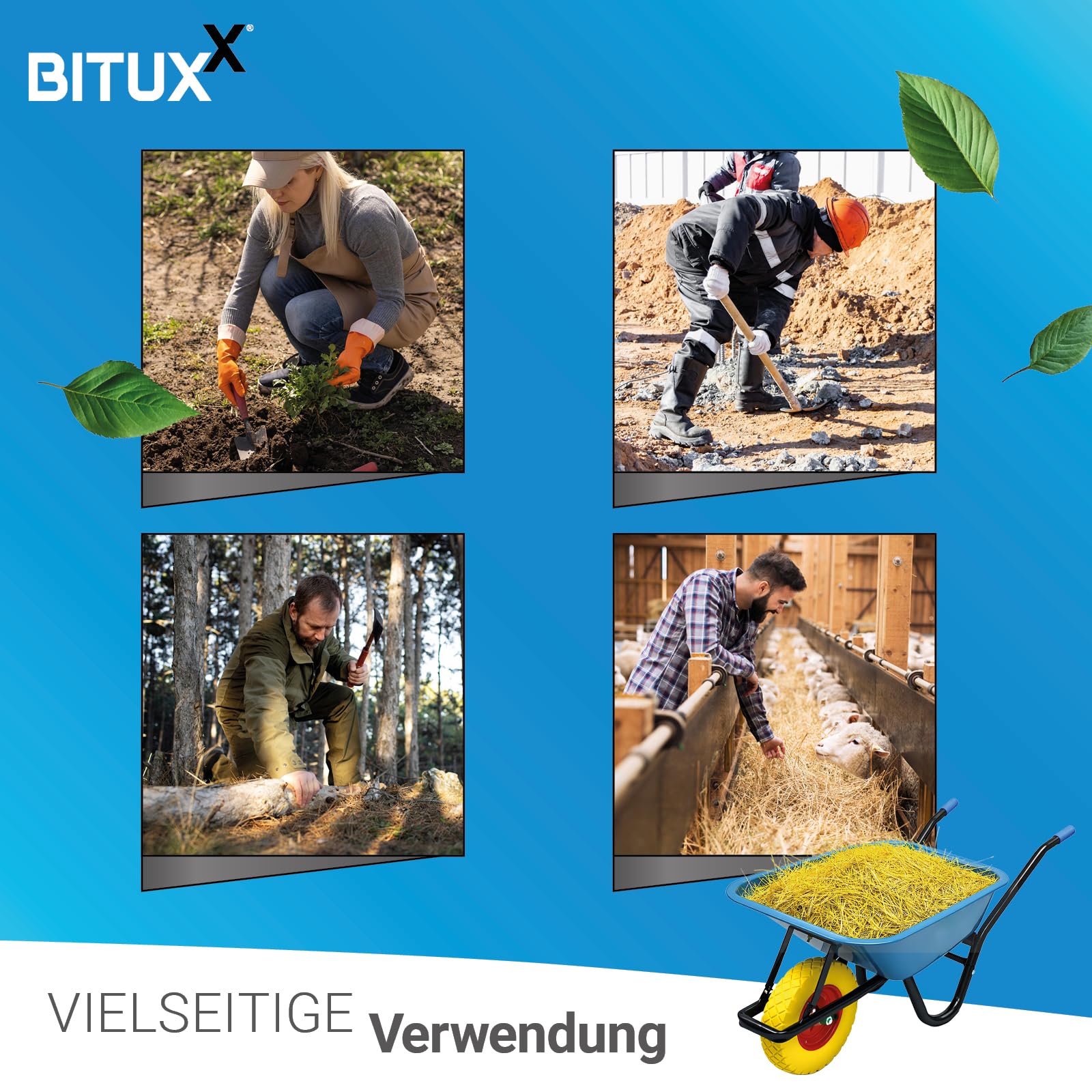 BITUXX Schubkarre 100L Schubkarren Schiebkarre Groß Scheibtruhe Bauschubkarre Blau mit PU Vollgumi Rad Gelb bis 250kg