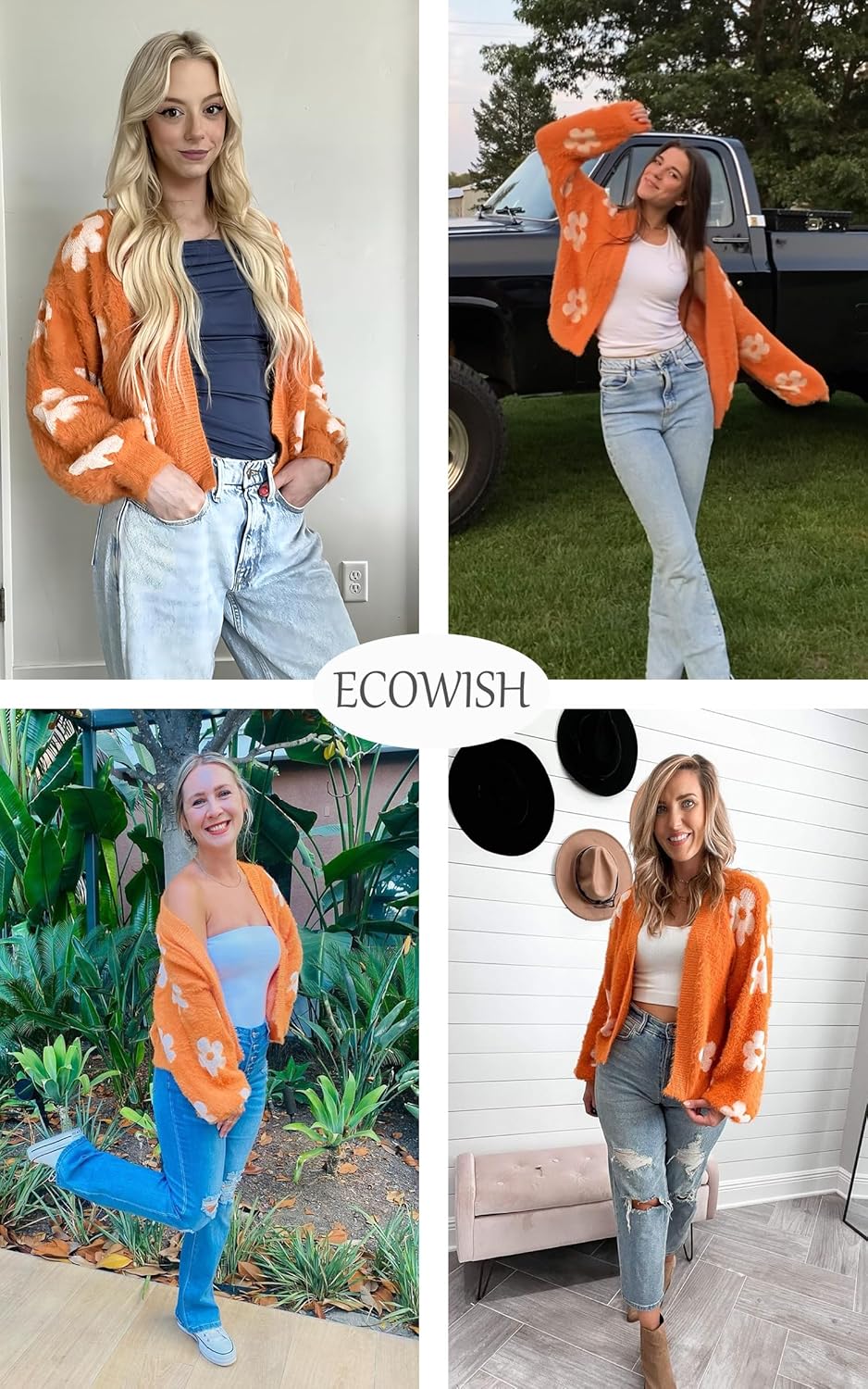 ECOWISH Women Floral Cropped Cardigan: Fall Long Sleeve Open Front Fuzzy Daisy Print Knit Sweaters Casual Y2k Outerwear - Image 6