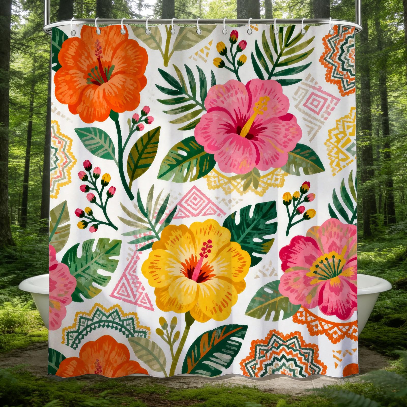 Hongduo 3D Tropical Hibiscus Shower Curtain for Stalls Bathtubs Colorful Matching Bathroom Decor Shower Curtain Set Polyester Fabric Waterproof 200x200cm/79X79 Inch with Hooks