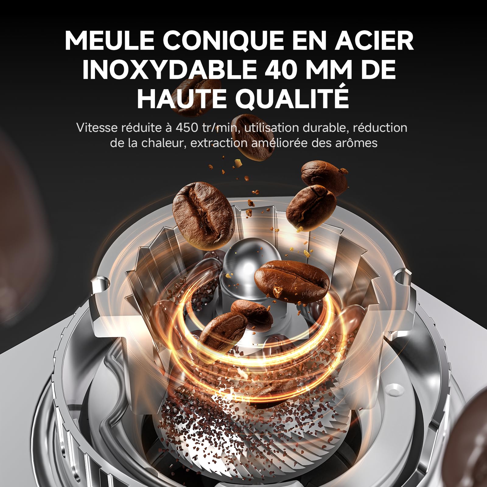 AMZCHEF Moulin à Café Électrique,45 Niveaux de Mouture, Meules Coniques en Acier Inoxydable 40mm, Corps en Acier, Support de Porte-filtre Réglable, Panneau de Contrôle Tactile LED