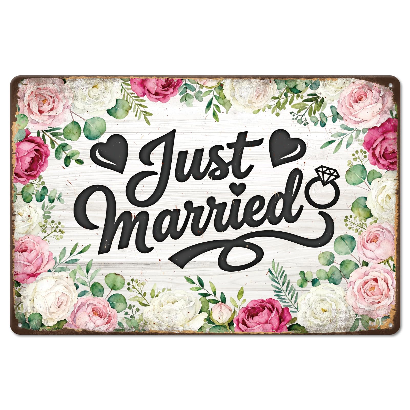 GLOBLELAND Vintage Married Metal Tin Sign 12x8 inch Valentine's Day Rose Tin Signs Decor Flowers Metal Wall Plaque for Wedding Home Room Farmhouse Cafes Garden Store Kitchen Decoration