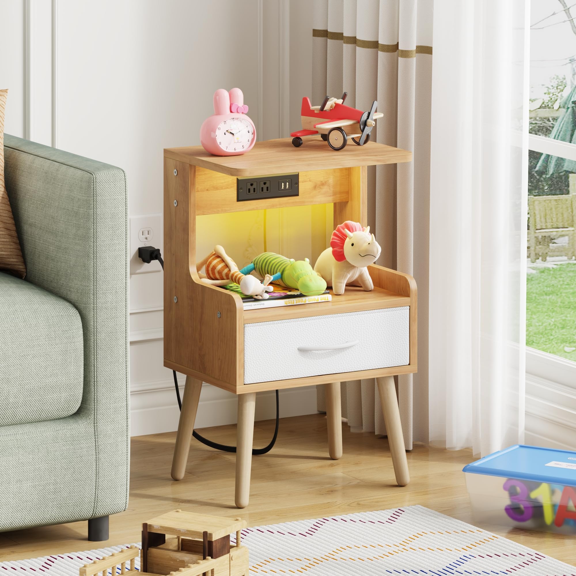 GYIIYUO Night Stand with Charging Station, Cute Bedside Table with Led Lights and Fabric Drawer, Unique Shape NightStand with Open Storage, Small End Table for Bedroom, Natural