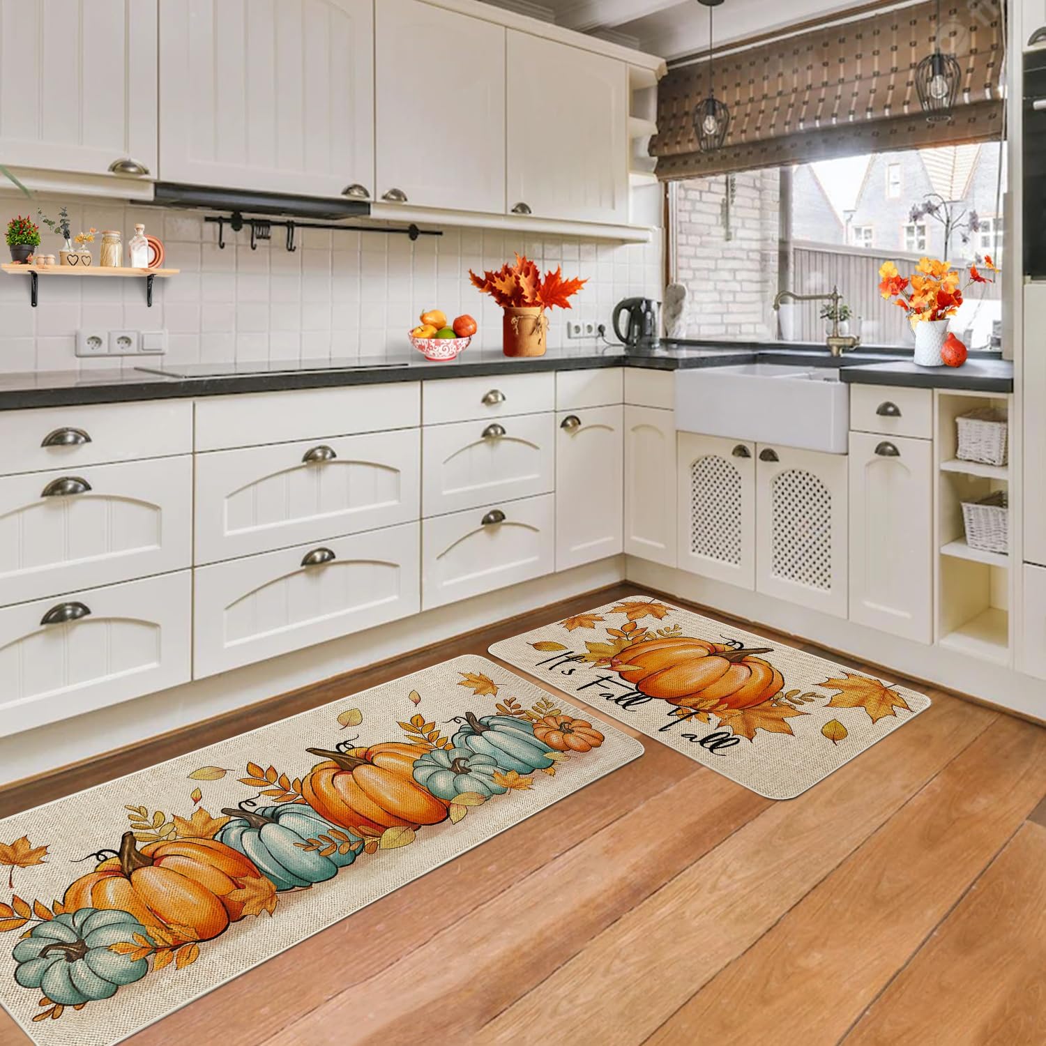 Roszwtit Fall Pumpkin Kitchen Rugs and Mats Set of 2, Seasonal Holiday Washable Non-Slip Floor Mats for Autumn Thanksgiving Day Decor - 17x29 and 17x47 Inch