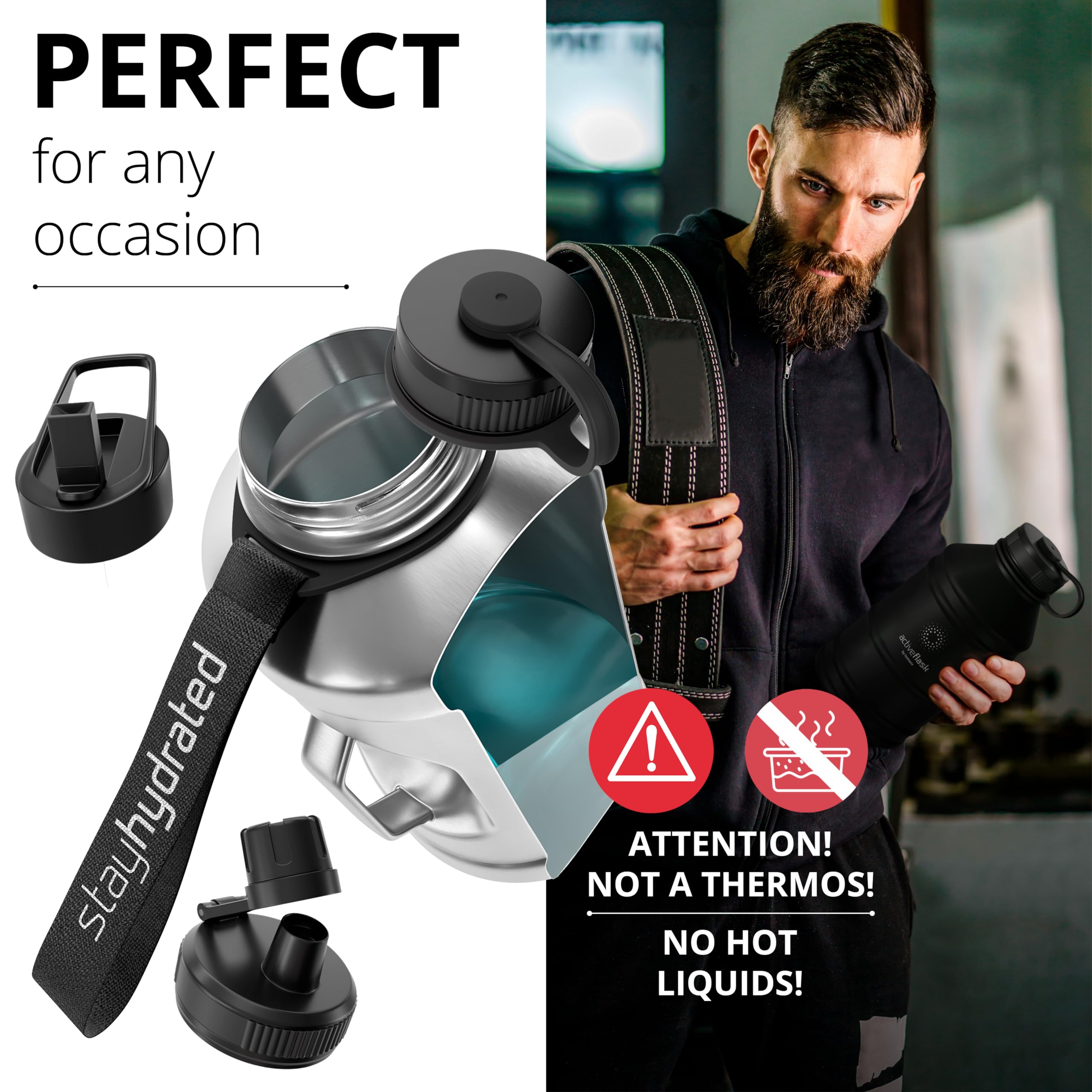 Borraccia in acciaio inox Active Flask + cannuccia (3 tappi) | 1,3/2,2 litri bottiglia sportiva senza BPA a prova di perdite per bibite gassate, 2l XL bottiglie Sport Outdoor Palestra Acqua