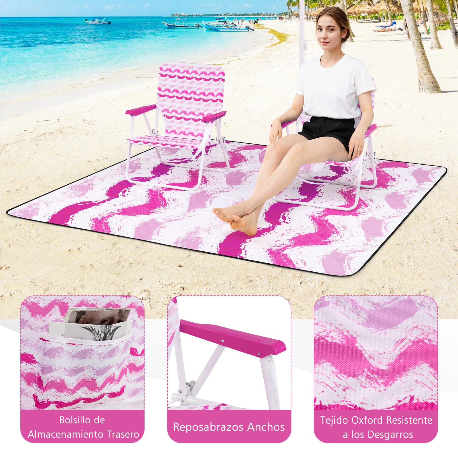 COSTWAY 2 Sillas Playa con Sombrilla y Manta de Picnic, Inclinable de 30°, Sillas Pórtatil Ligera con Portavasos, Bolsa de Transporte, Camping Picnic Jardin Terraza (Rosa)