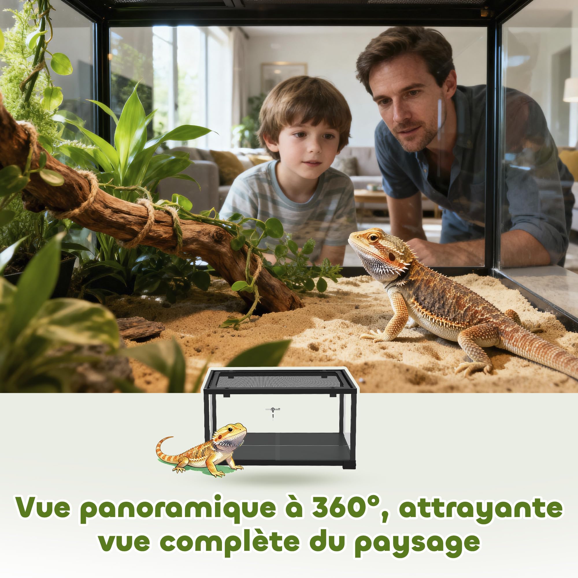 PawHut Terrarium en Verre pour Reptiles 86 L, Ventilation supérieure, Porte coulissante avec Serrure Anti-Fuite, enclos pour lézards, Insectes, Serpents, araignées et Geckos, 60x45x32cm, Noir