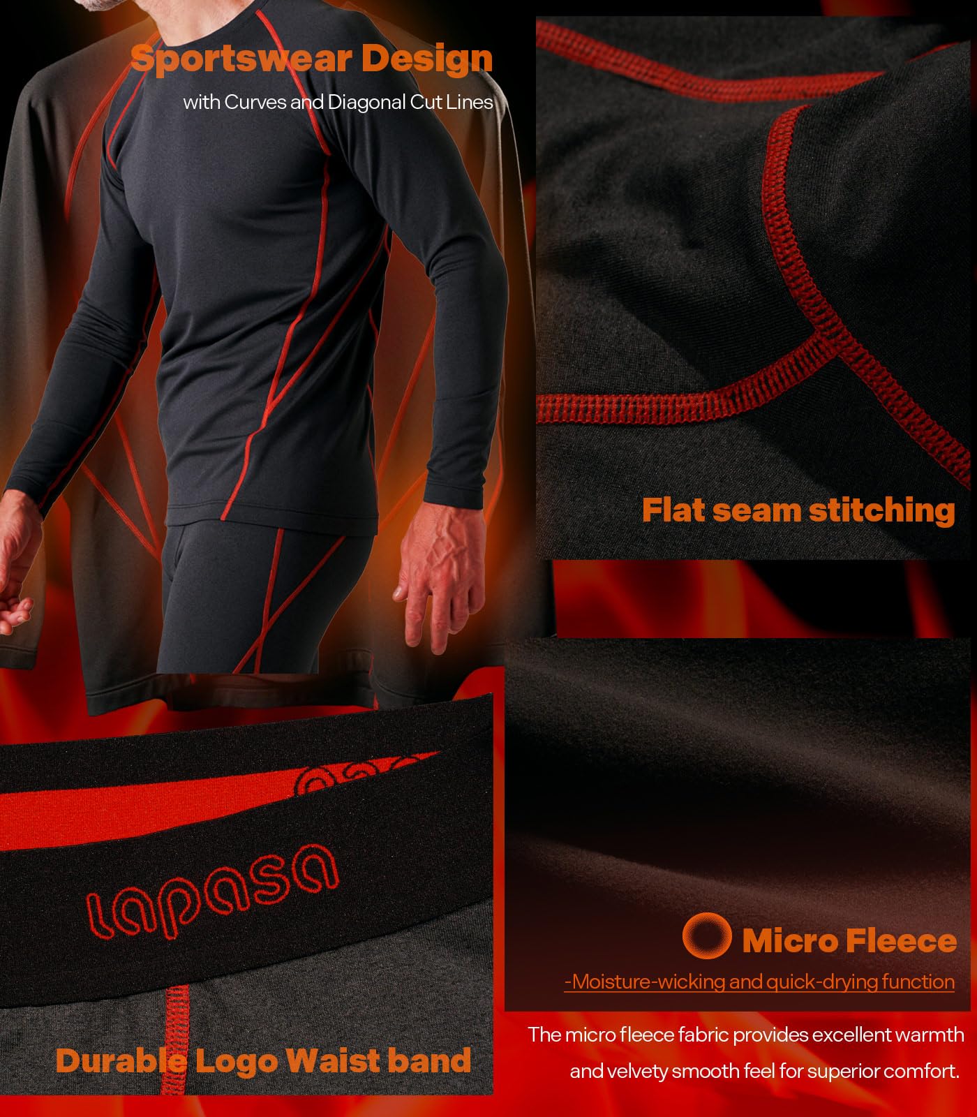 LAPASA Ensemble de sous-Vêtements Thermiques Homme Haut Manches Longues et Pantalon Sports & Activités Extérieures M53
