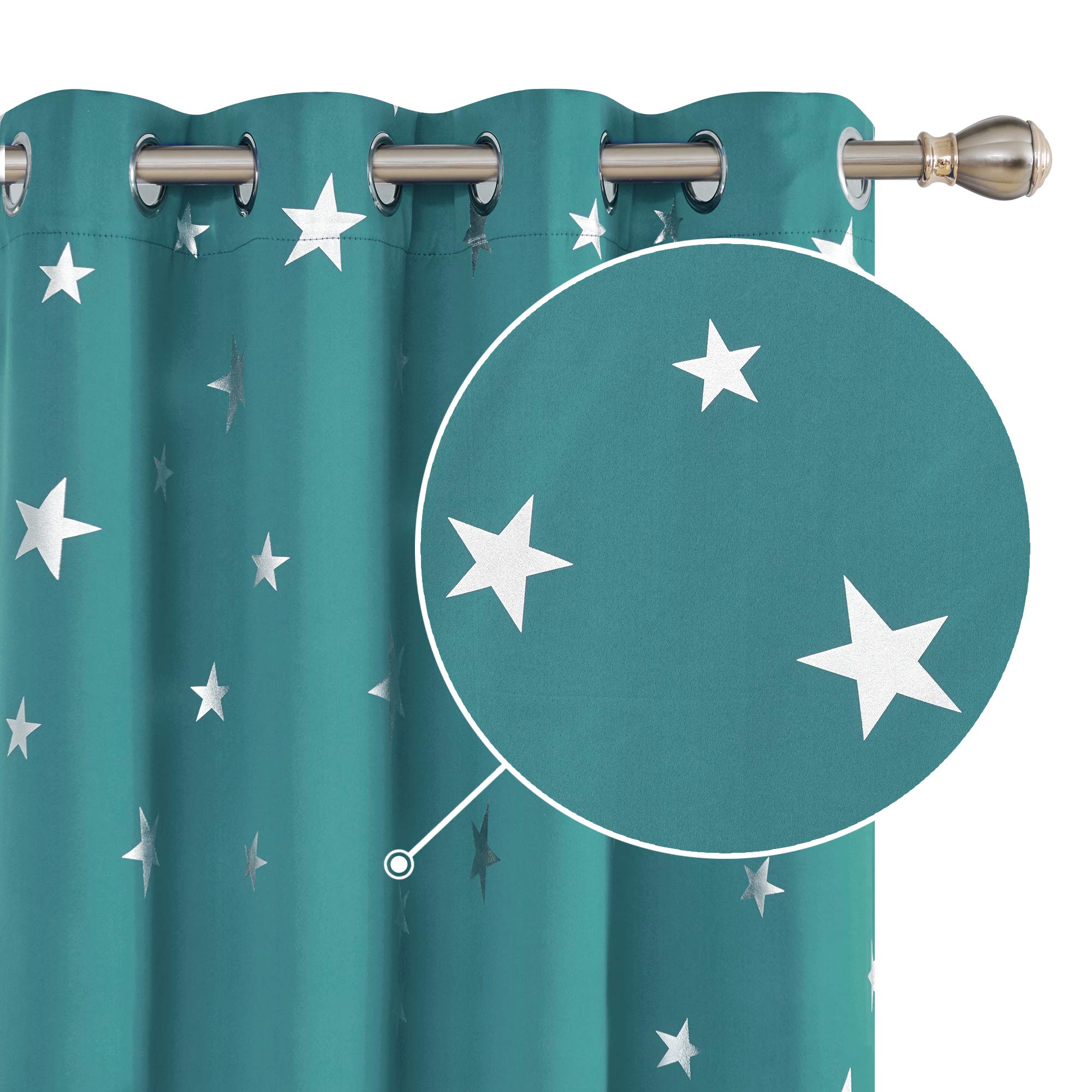 Deconovo Turquoise/Silver Super Soft Thermal Insulated Star Printed Eyelet Blackout Curtains For Bedroom 46 X 72 Inch 2 Panels