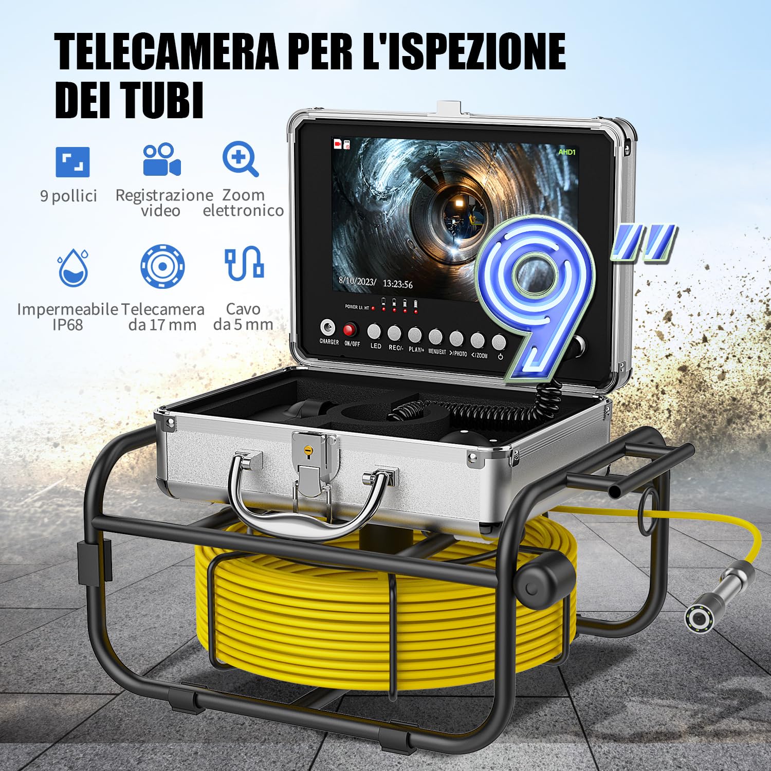 Telecamera Ispezione Tubi 30 Metri 9" Monitor DVR Registrazione Telecamera Ispezione tubo, IP68 Sistema Endoscopico Videoispezione Industriale di Scarico Della Conduttura Fognaria con 8PCS LE