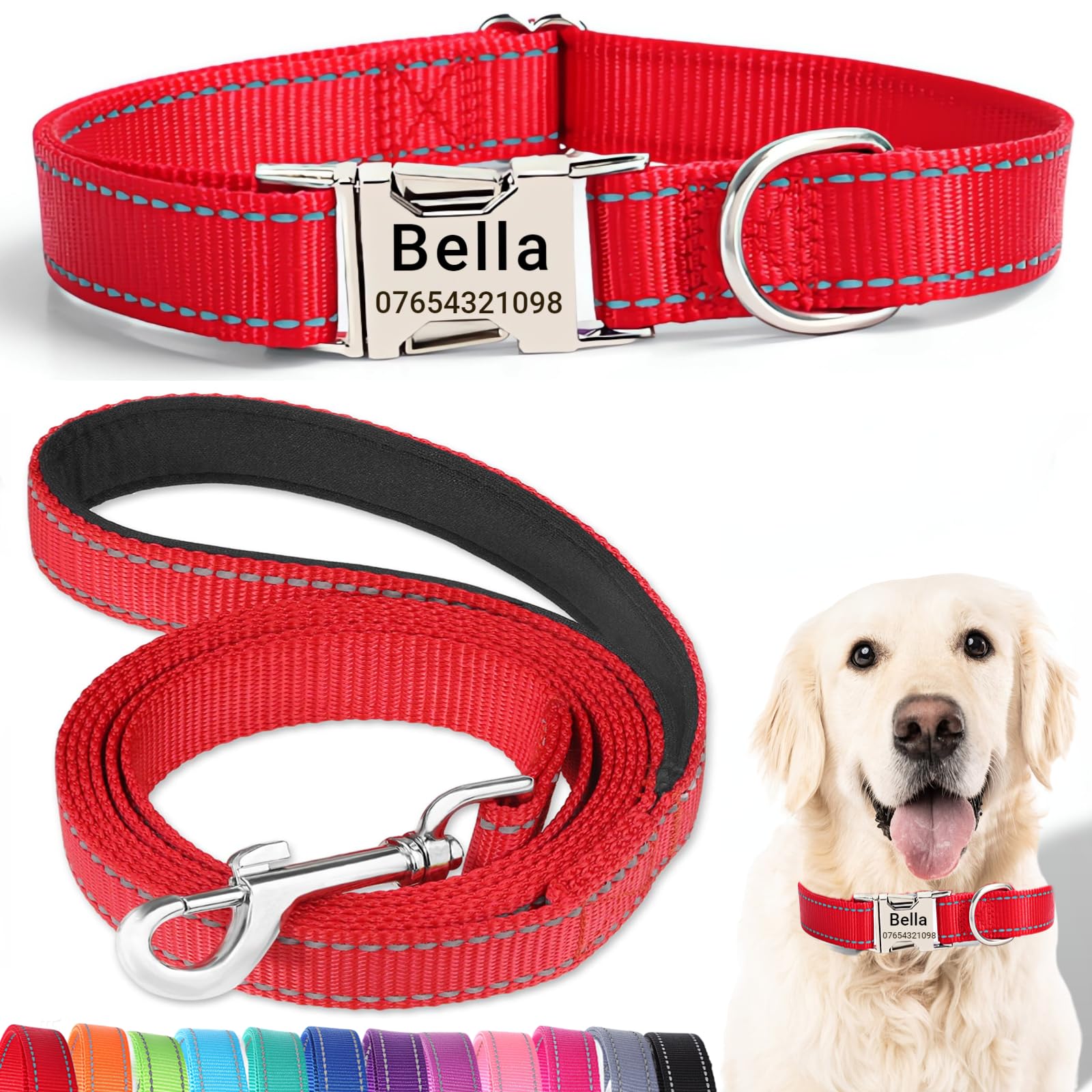 SEOUGEE Personalised Dog Collar and Lead Set with Engraved Metal Buckle, Reflective Nylon Dog Collars and Leash for Small Dogs with Custom Name Plate Phone Number (Red Set, XS:Neck 20-30cm)