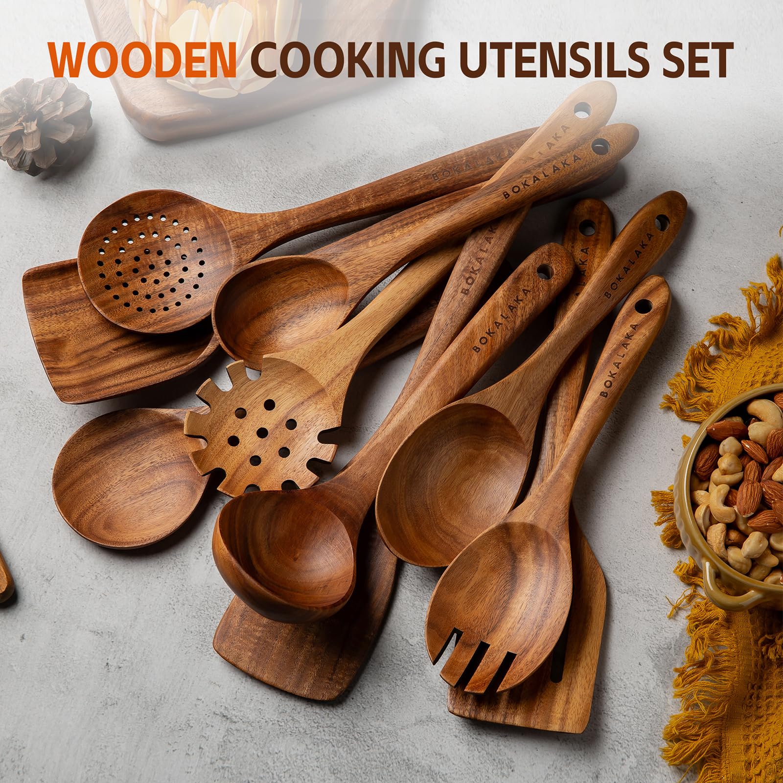 BOKALAKA Juego de 10 utensilios de cocina de madera de teca natural, espátulas y cucharas para cocinar