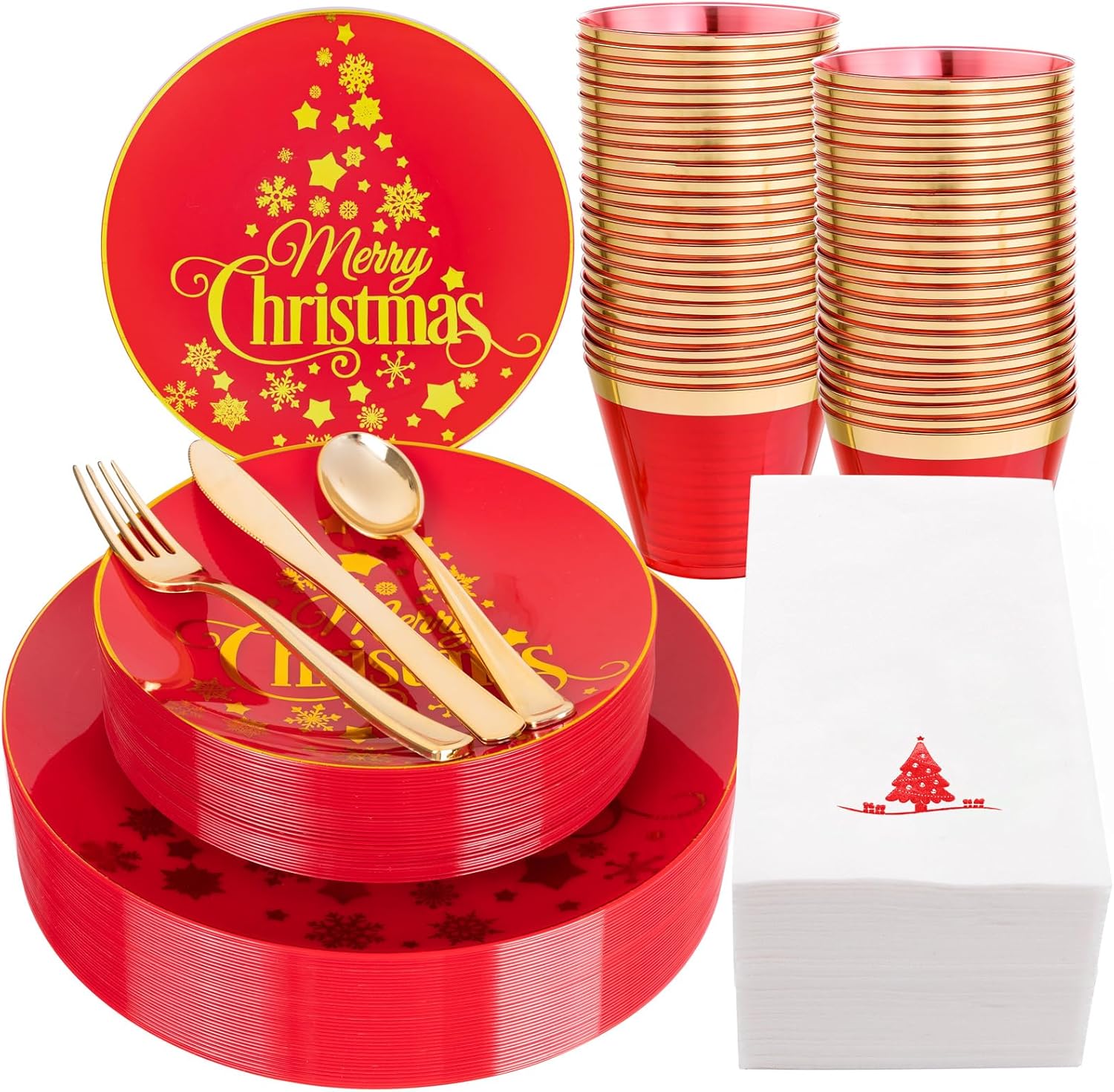 Nervure 175PCS Christmas Plates - Red and Gold Disposable Plates Include 25Dinner Plates, 25Dessert Plates, 25Forks, 25Knives, 25Spoons, 25Cups, 25 Napkins Perfect for Christmas